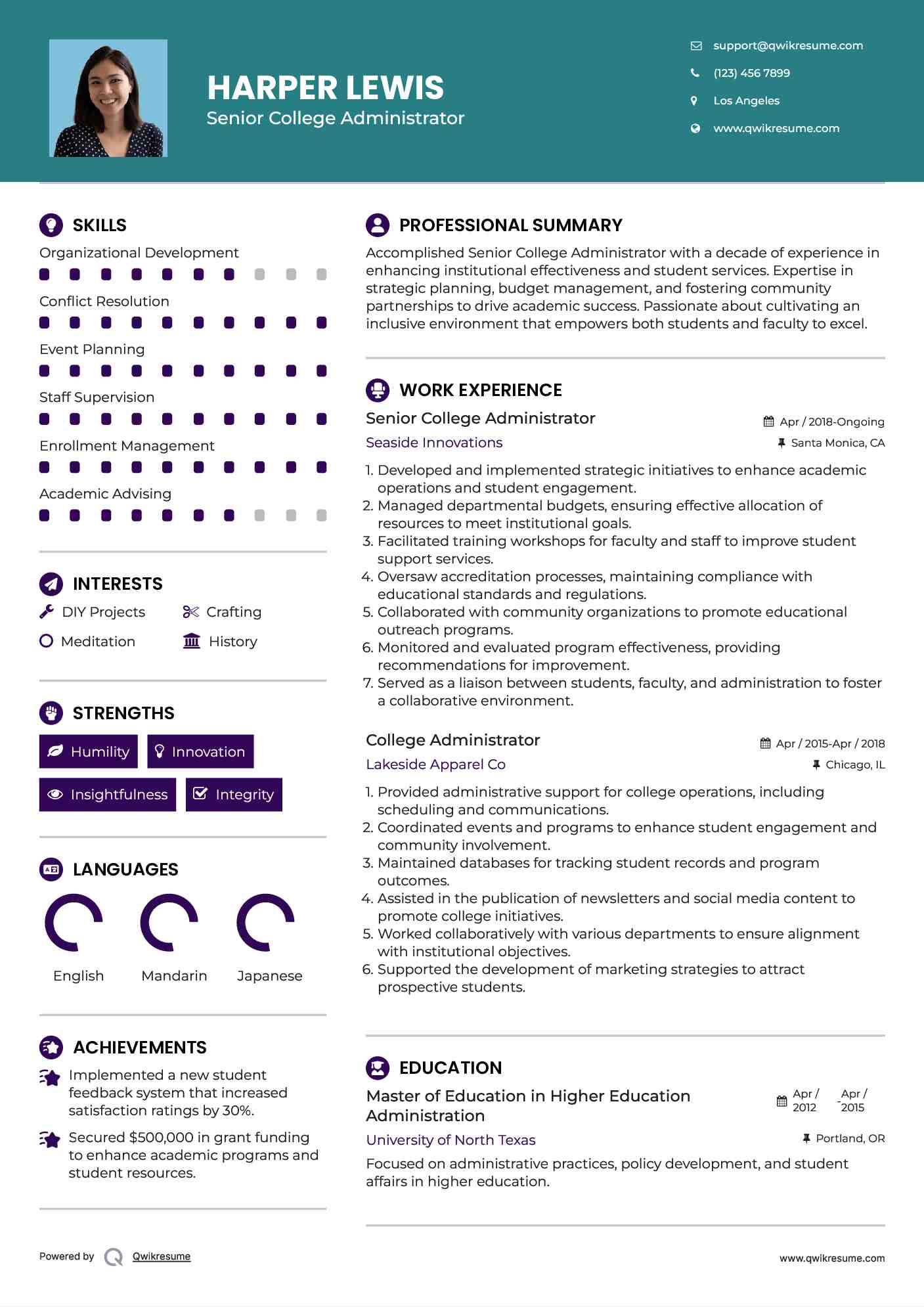 Senior College Administrator Resume Template