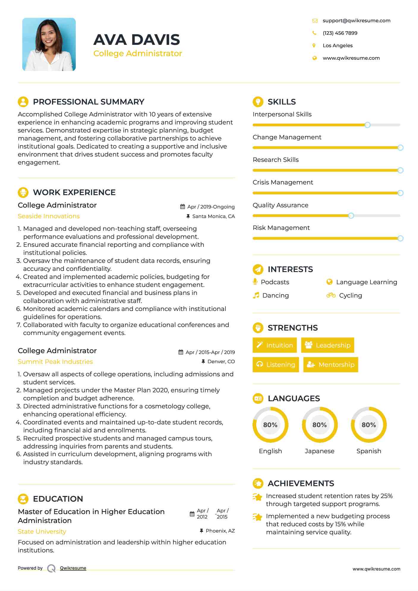 College Administrator Resume Example