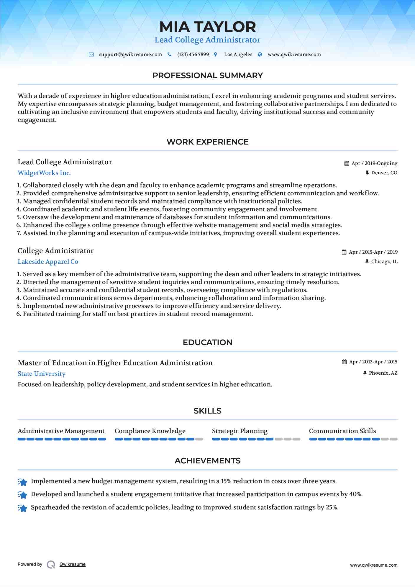 Lead College Administrator
 Resume Model