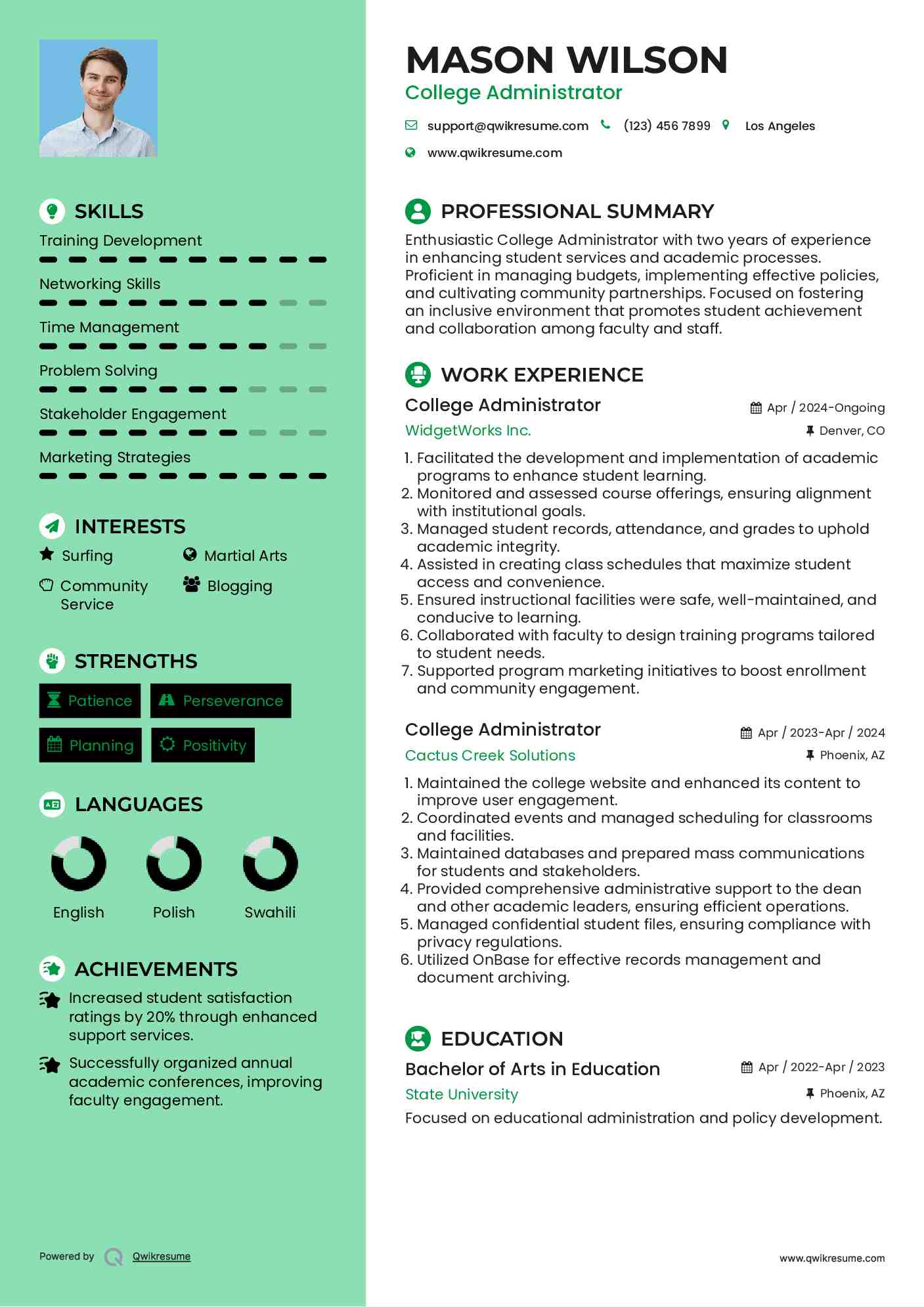 College Administrator Resume Sample