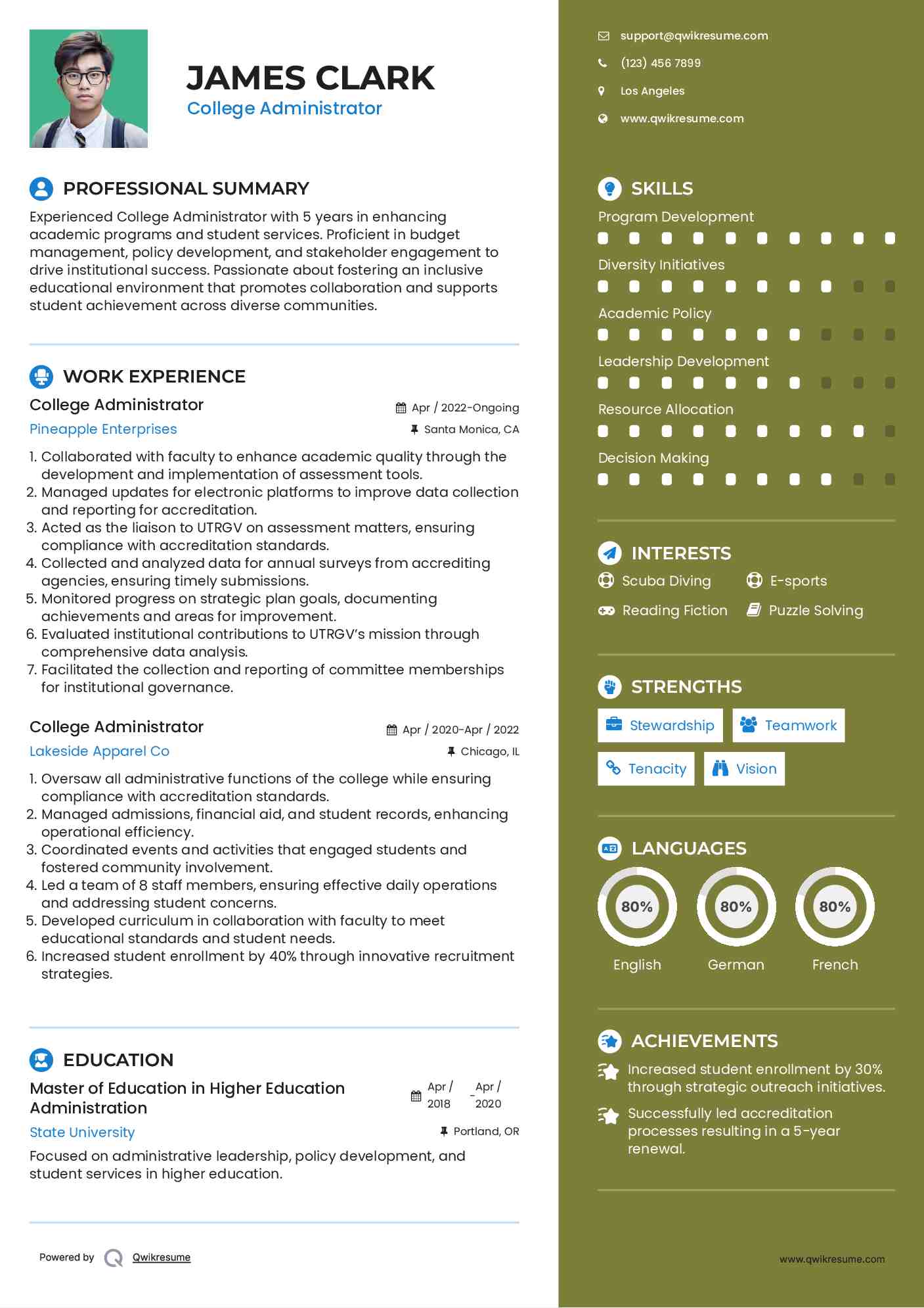 College Administrator Resume Model