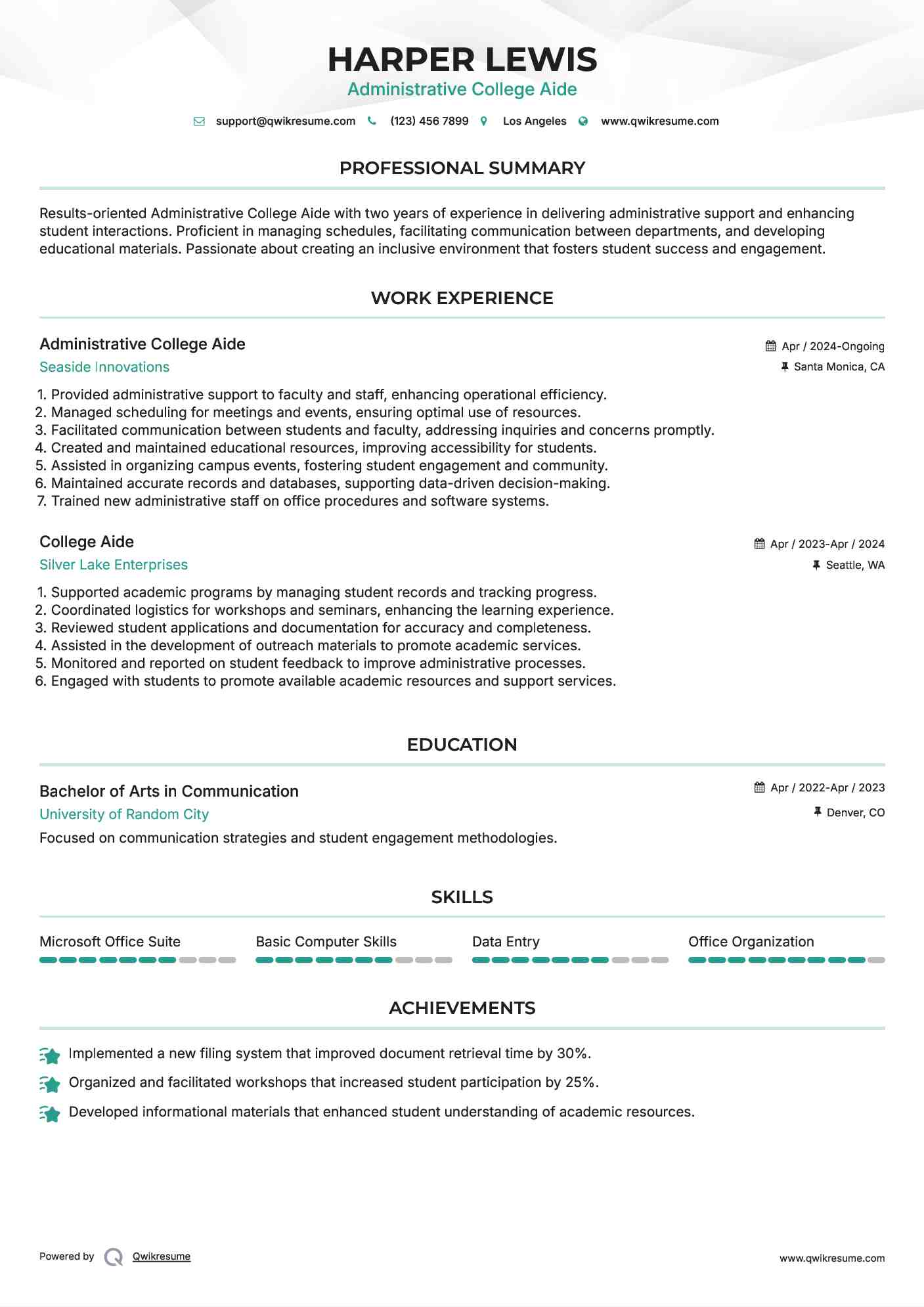 Administrative College Aide Resume Example