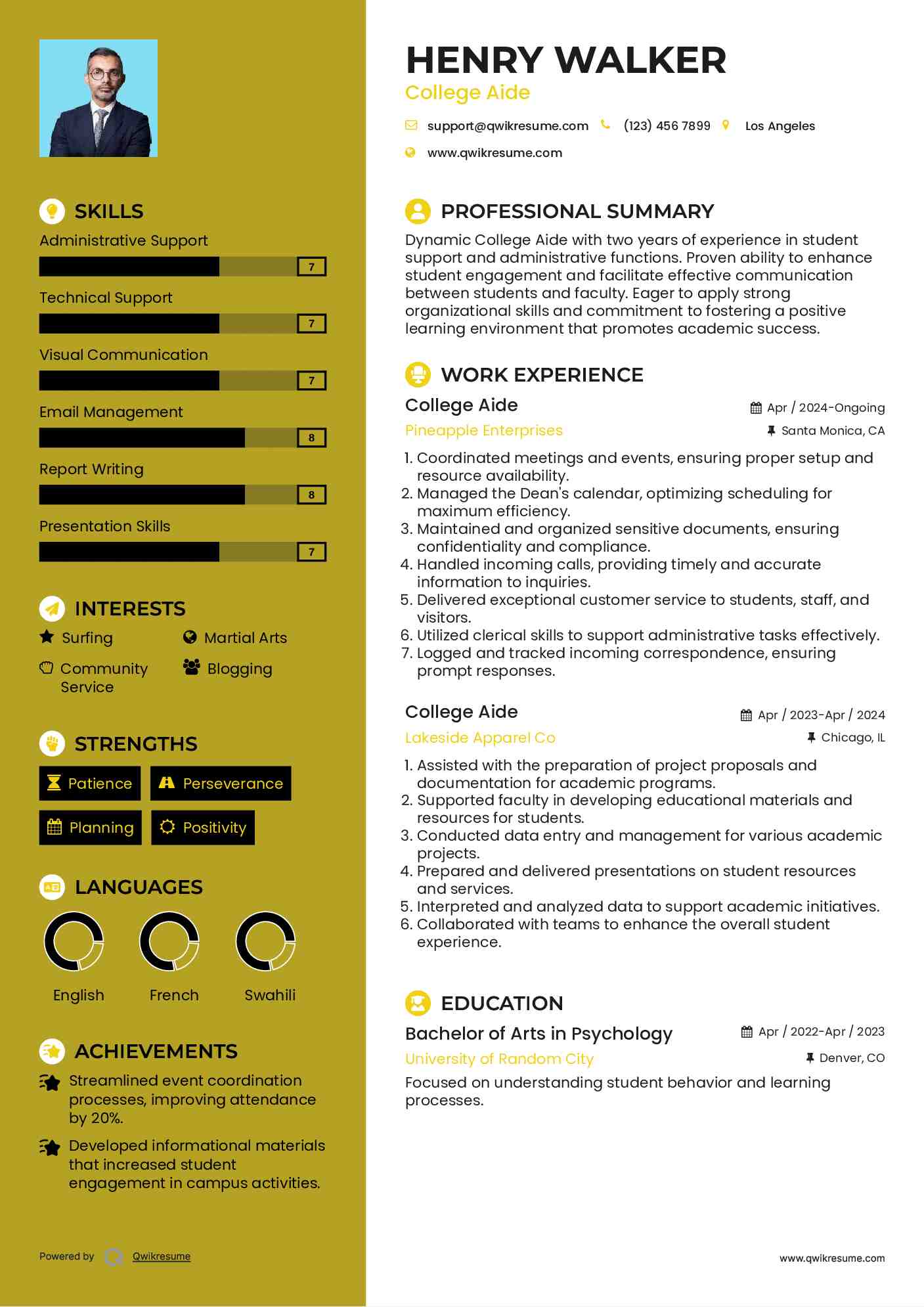 College Aide Resume Sample