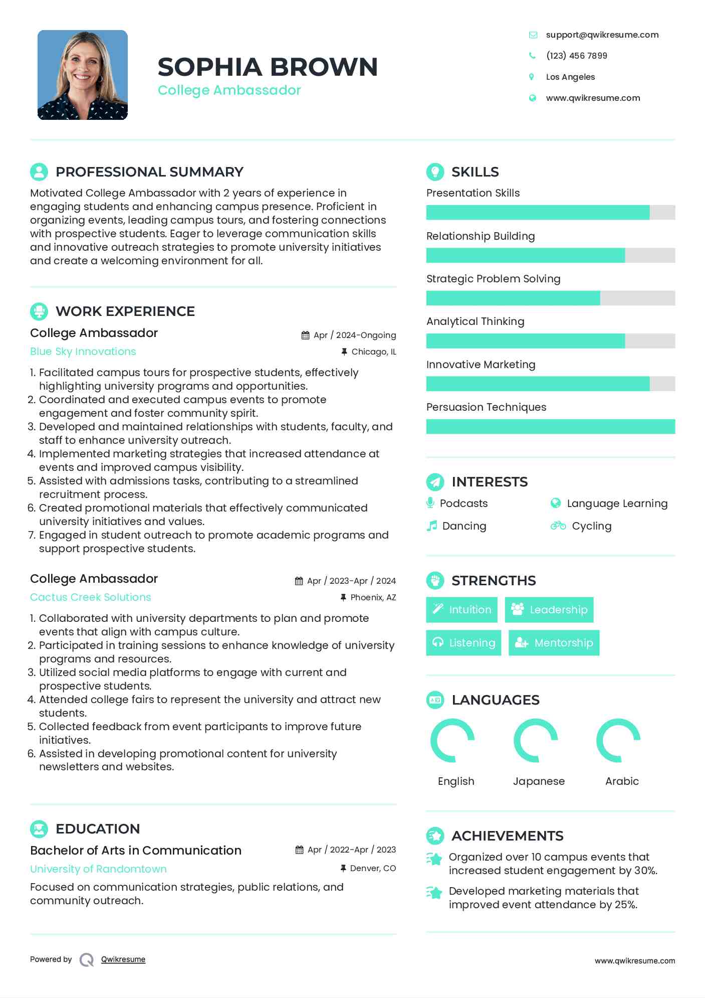 College Ambassador Resume Model