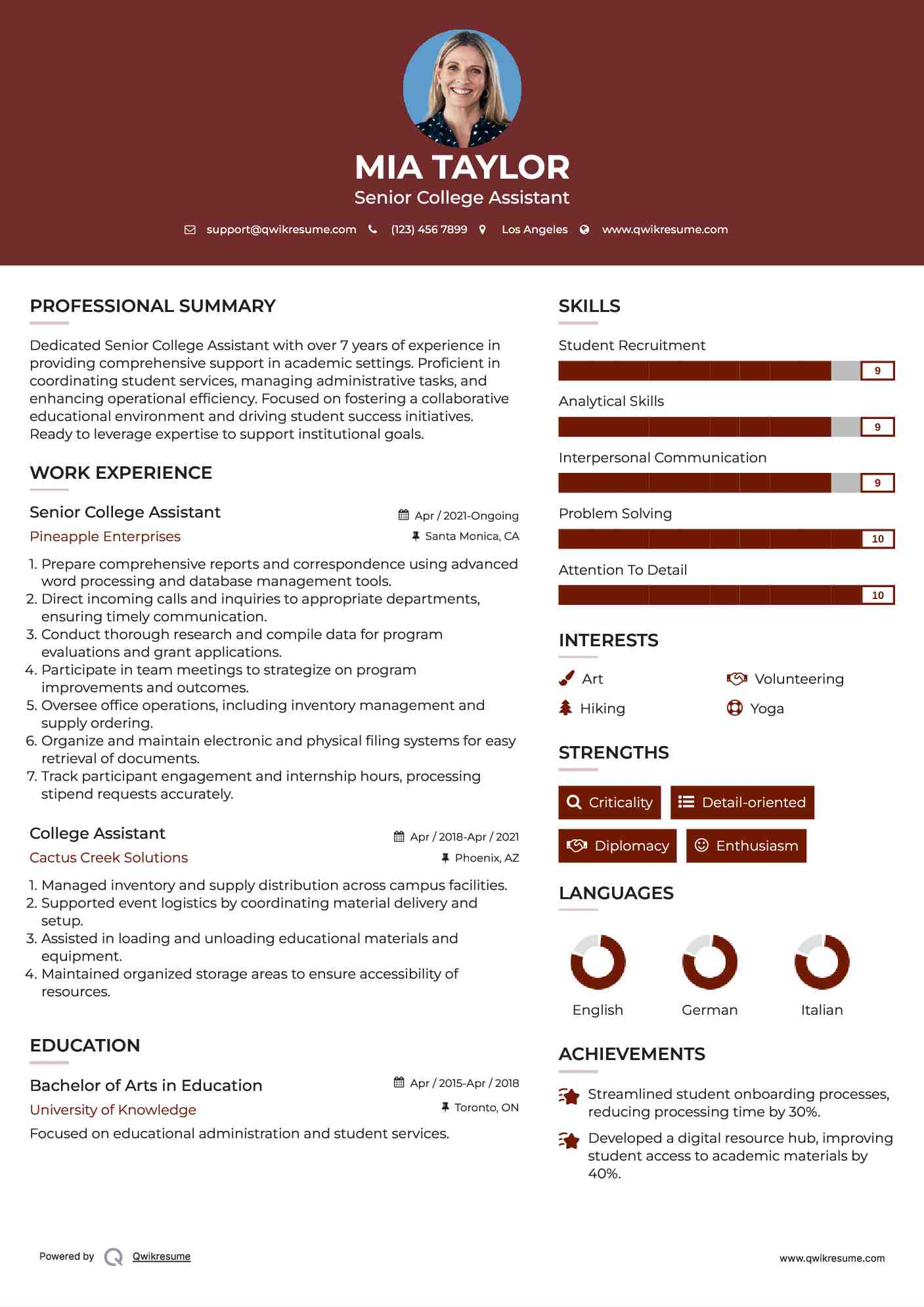 Senior College Assistant Resume Model