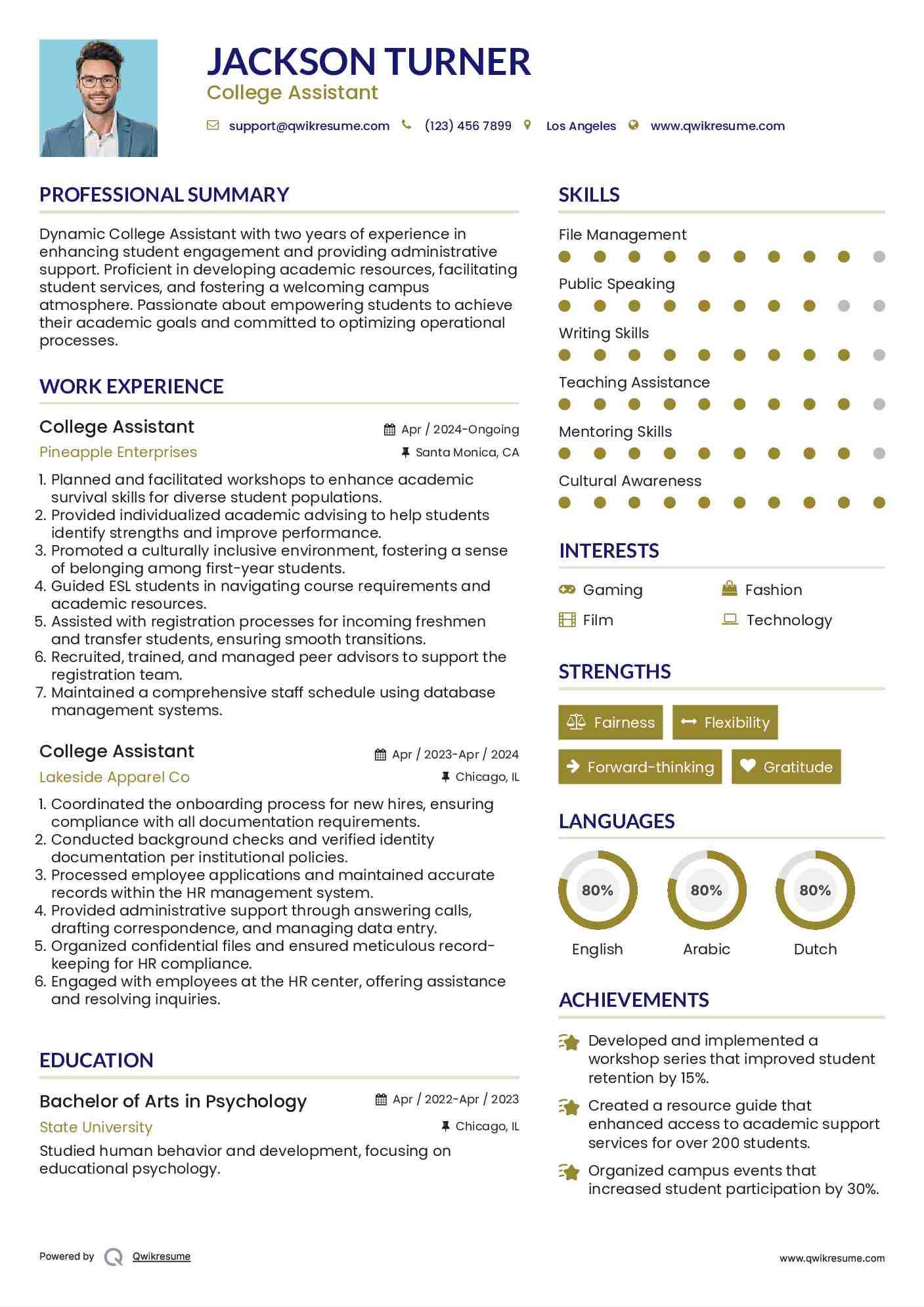 College Assistant Resume Model