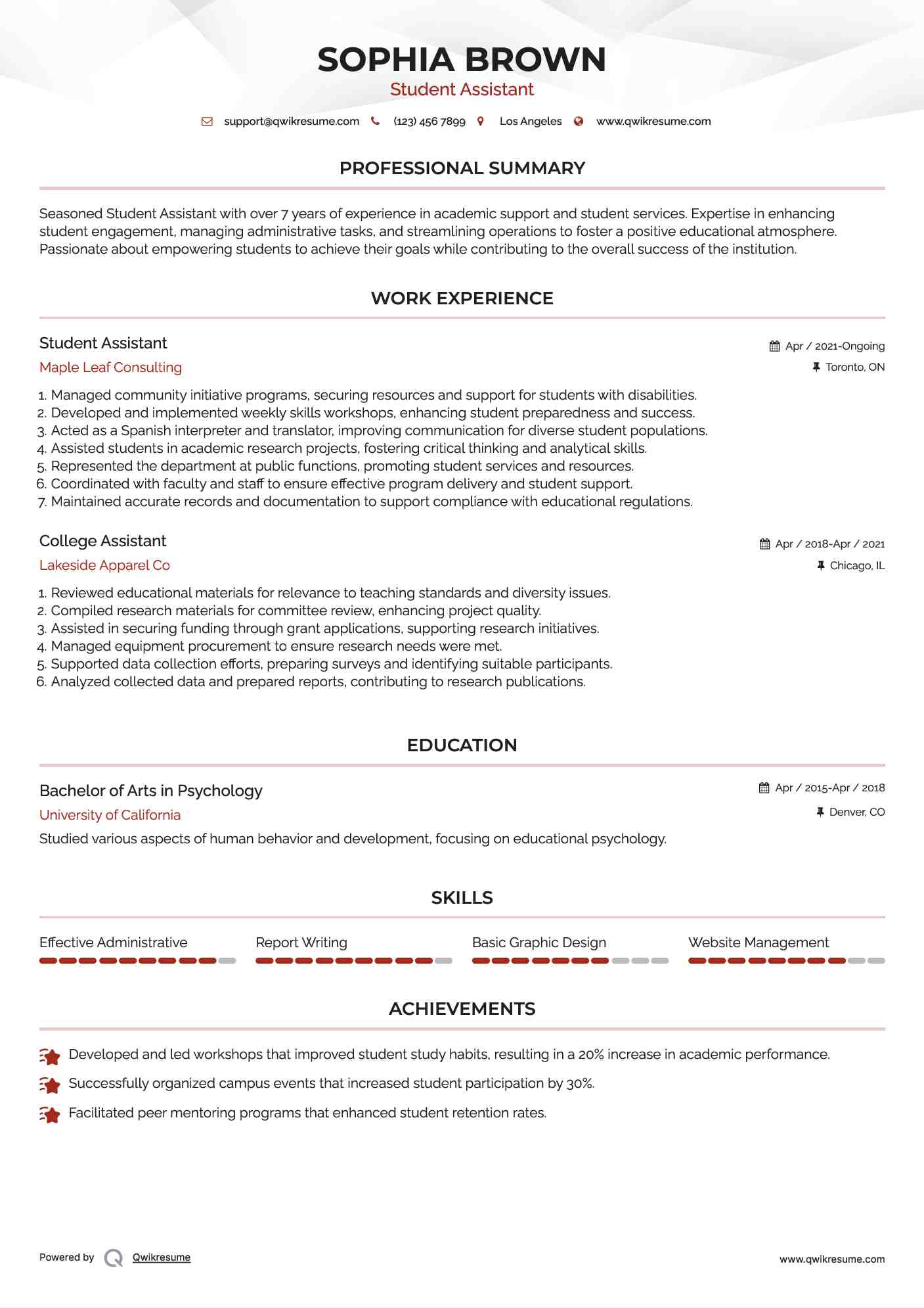 Student Assistant Resume Model