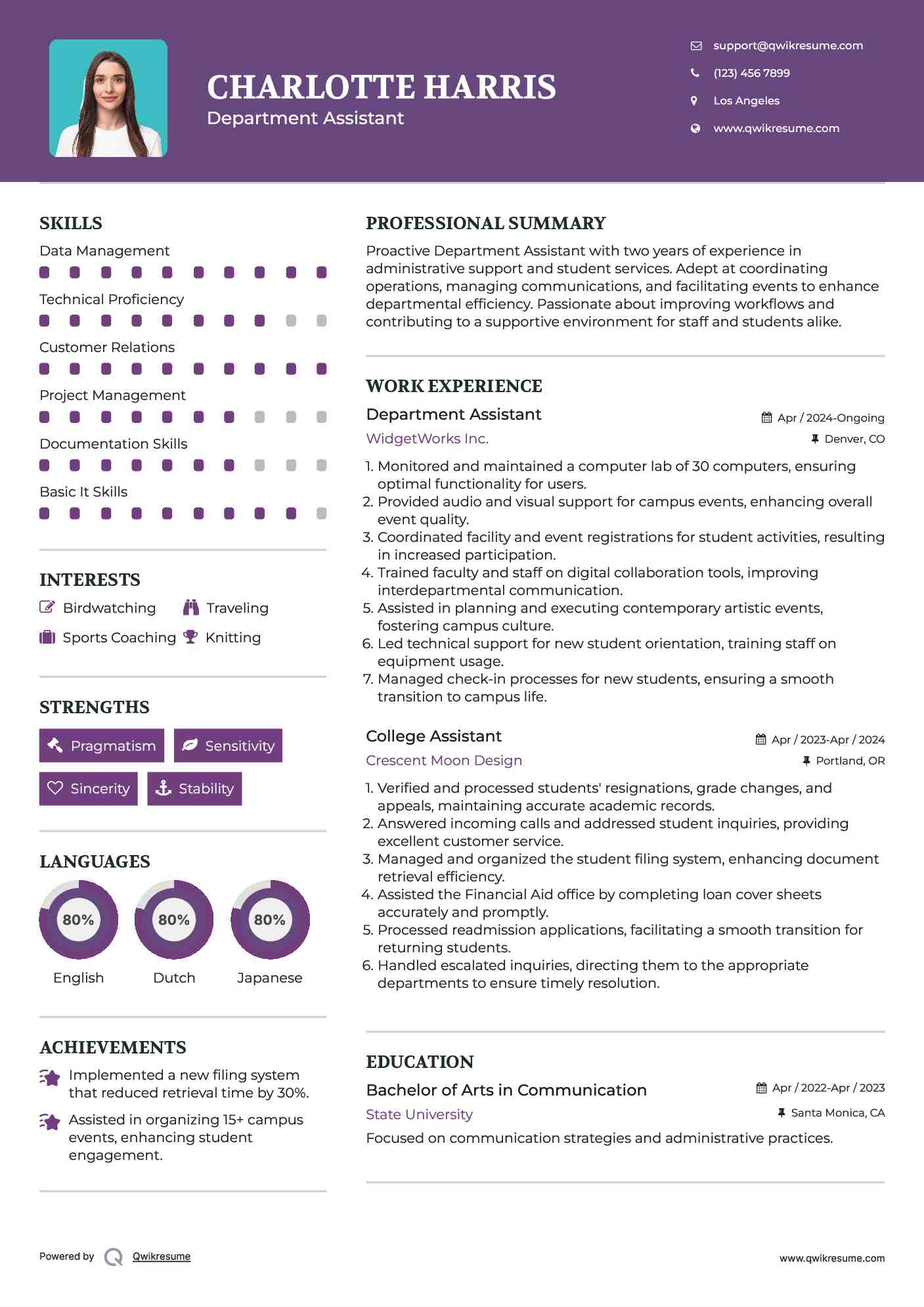 Department Assistant Resume Template