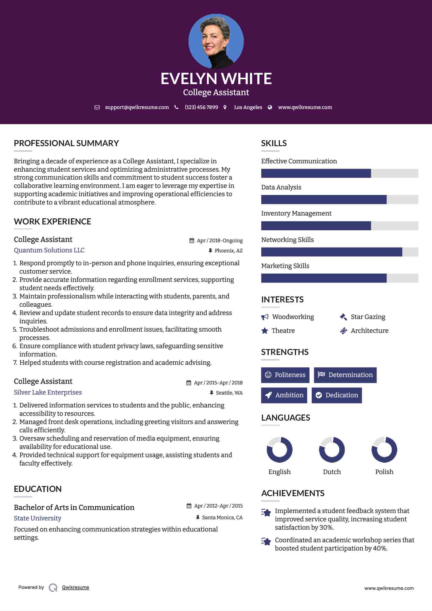 College Assistant Resume Example