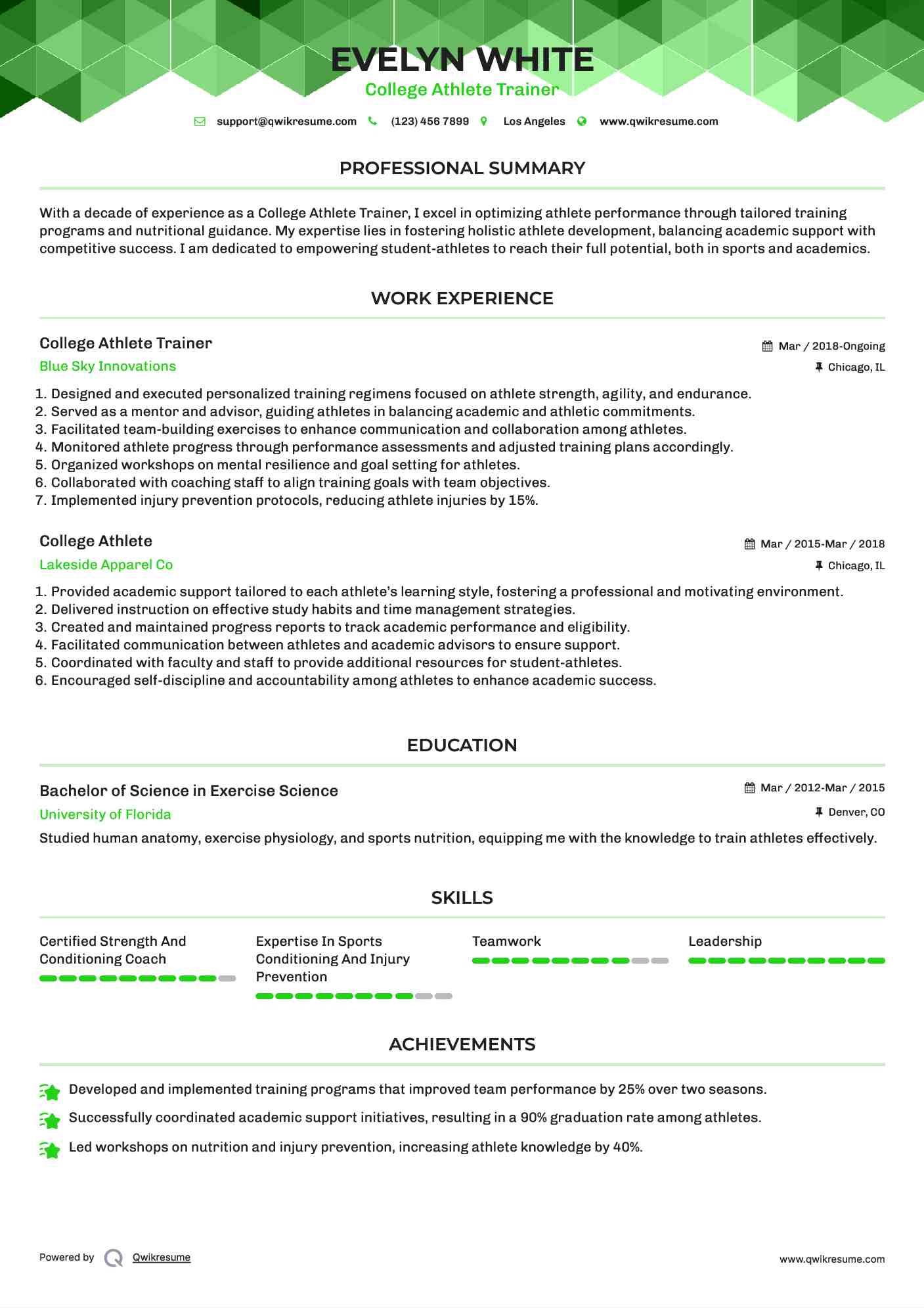 College Athlete Trainer Resume Template