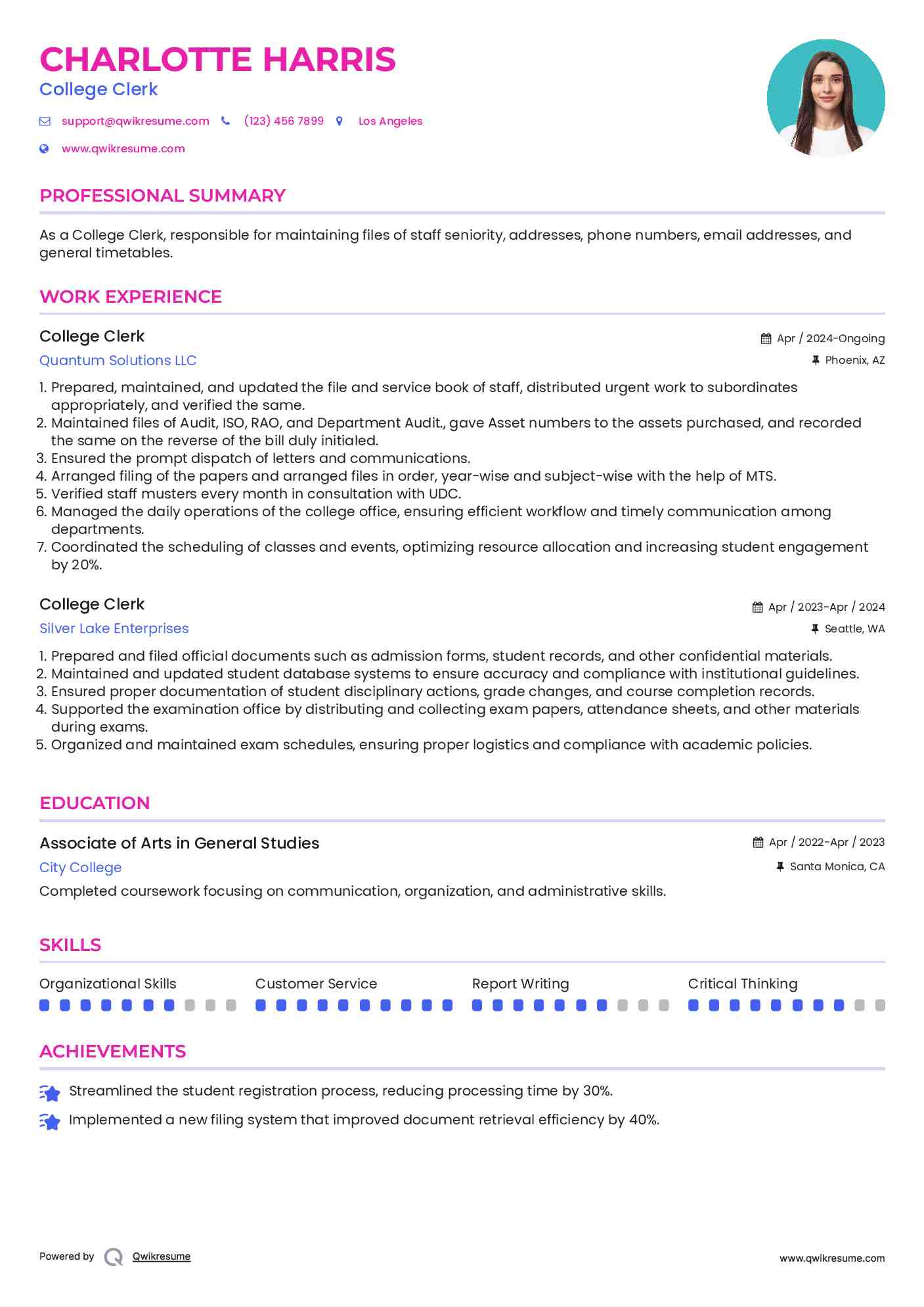College Clerk Resume Model