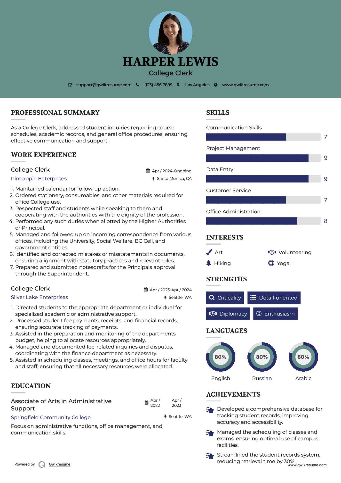 College Clerk Resume Sample
