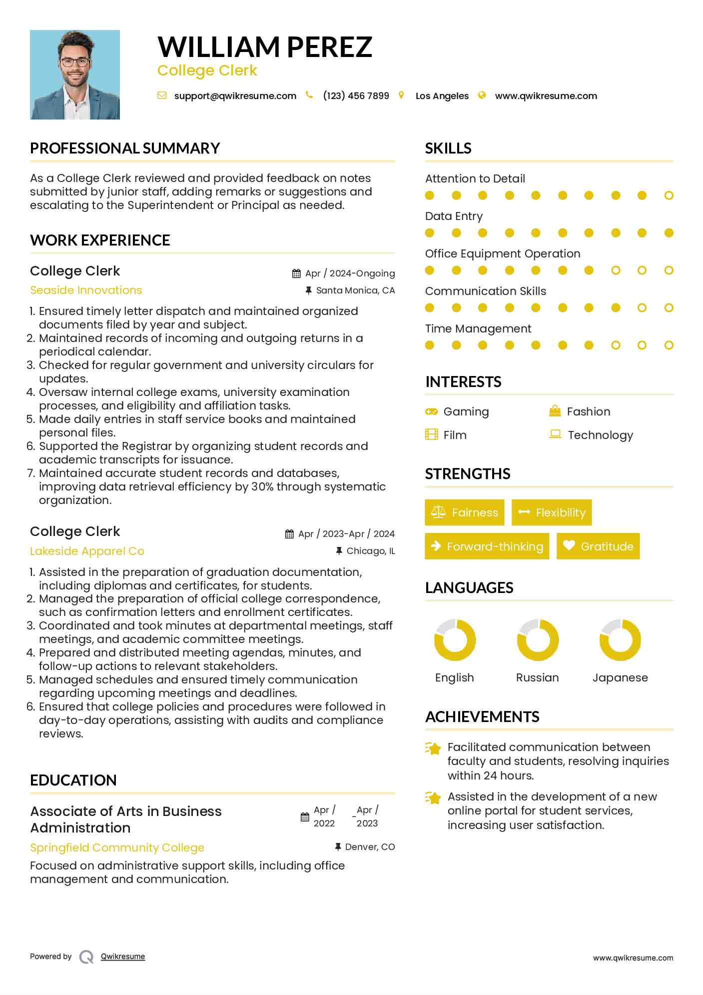 College Clerk Resume Format