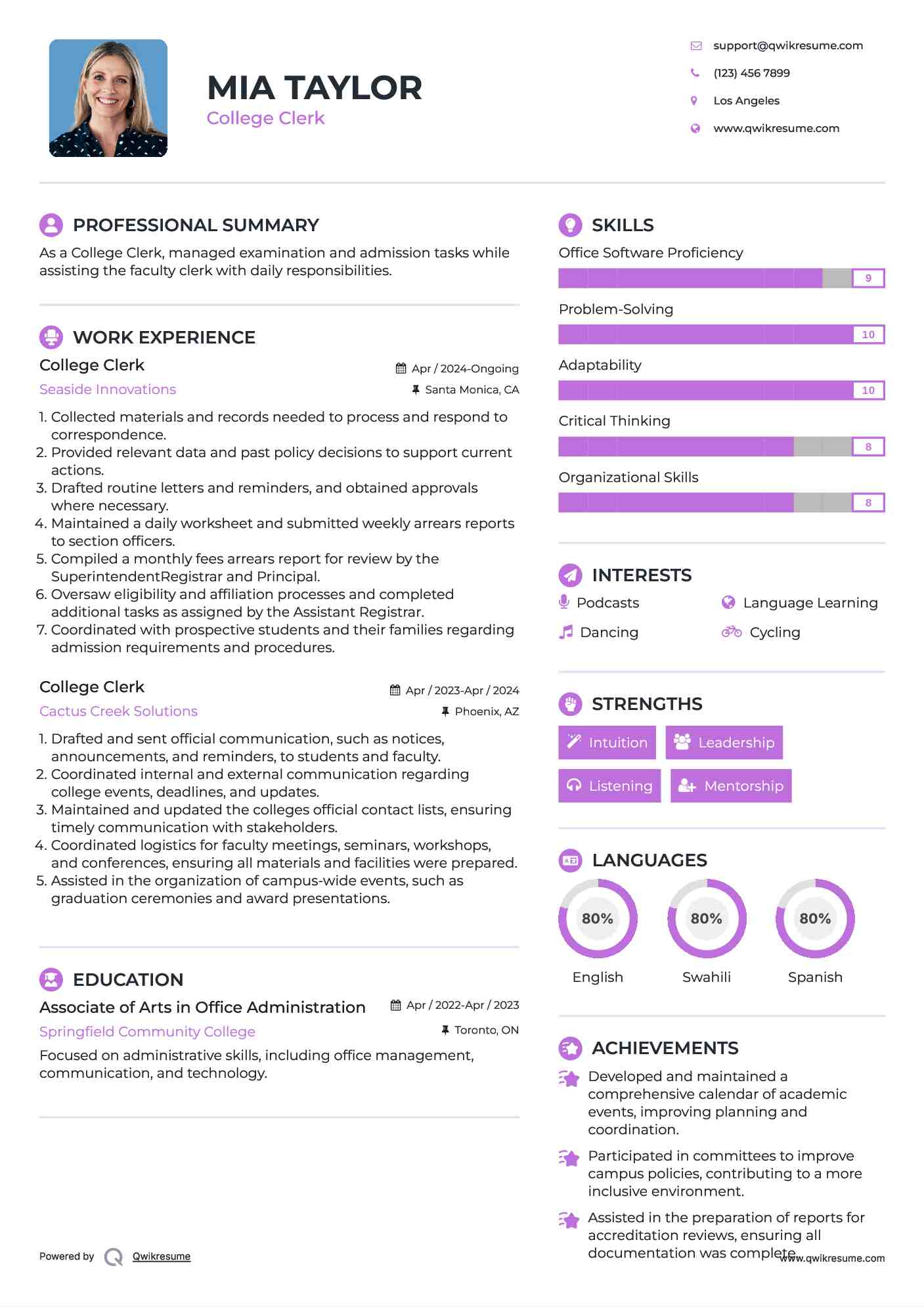 College Clerk Resume Format