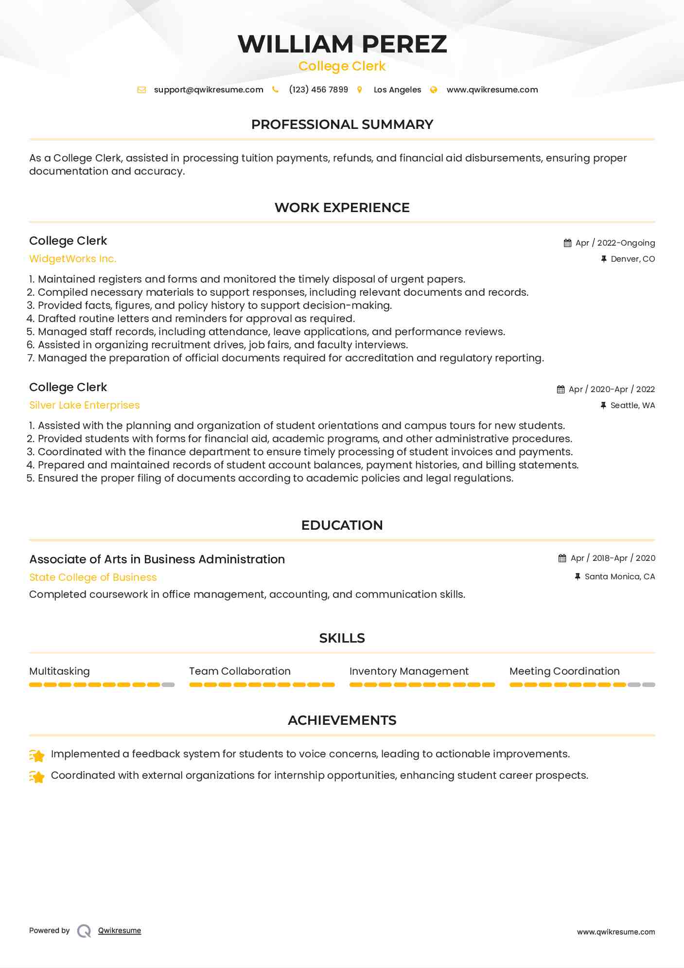 College Clerk Resume Model