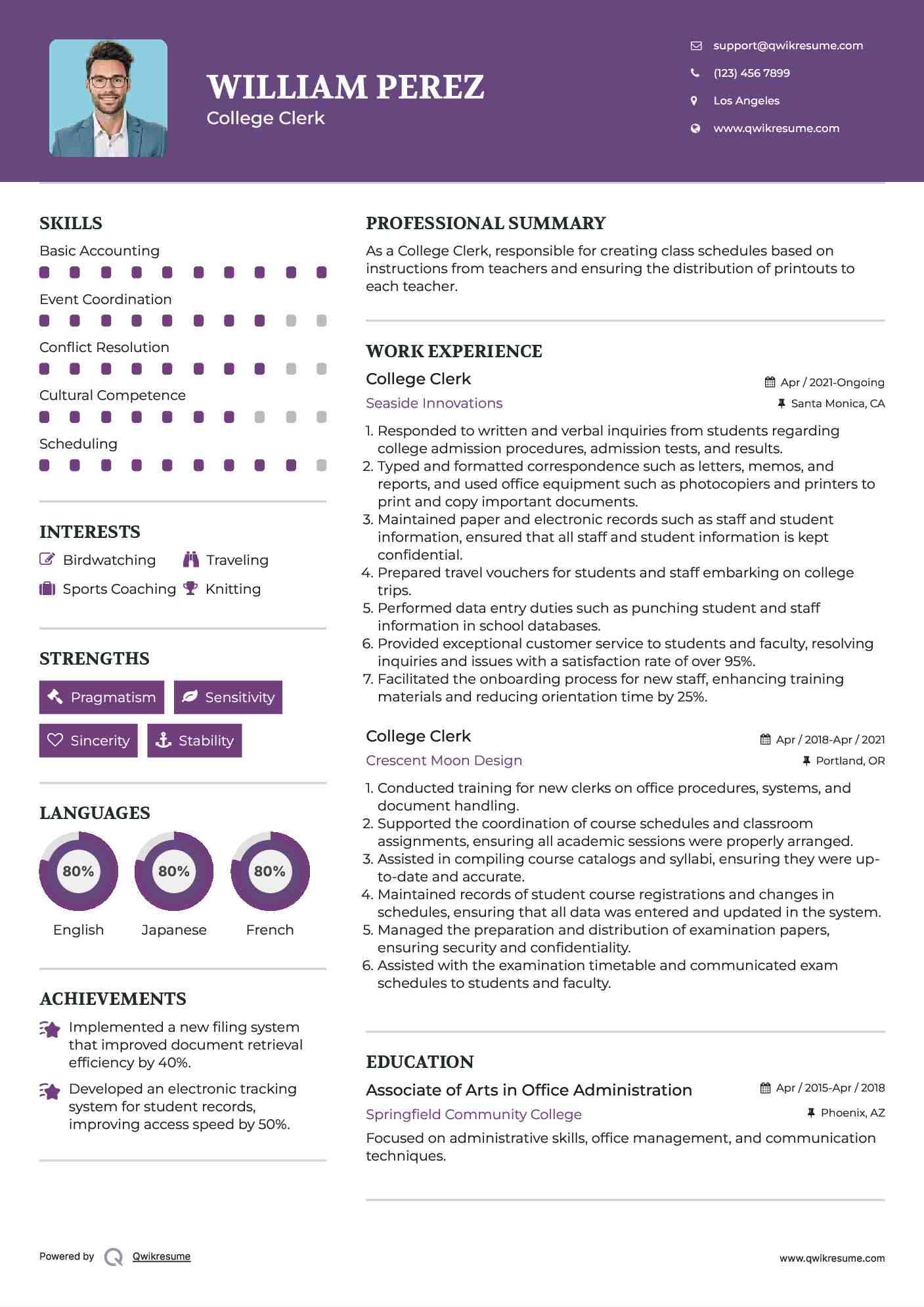 College Clerk Resume Template