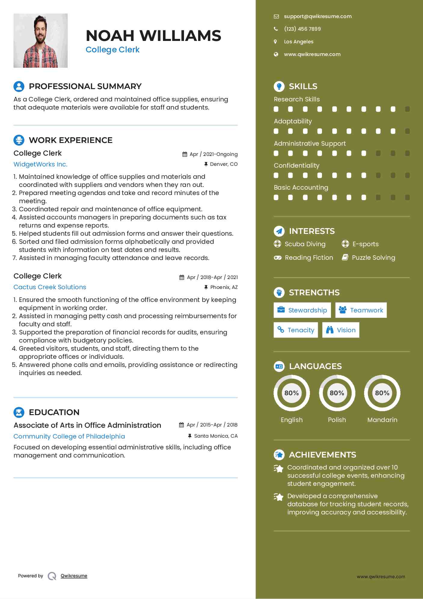 College Clerk Resume Example