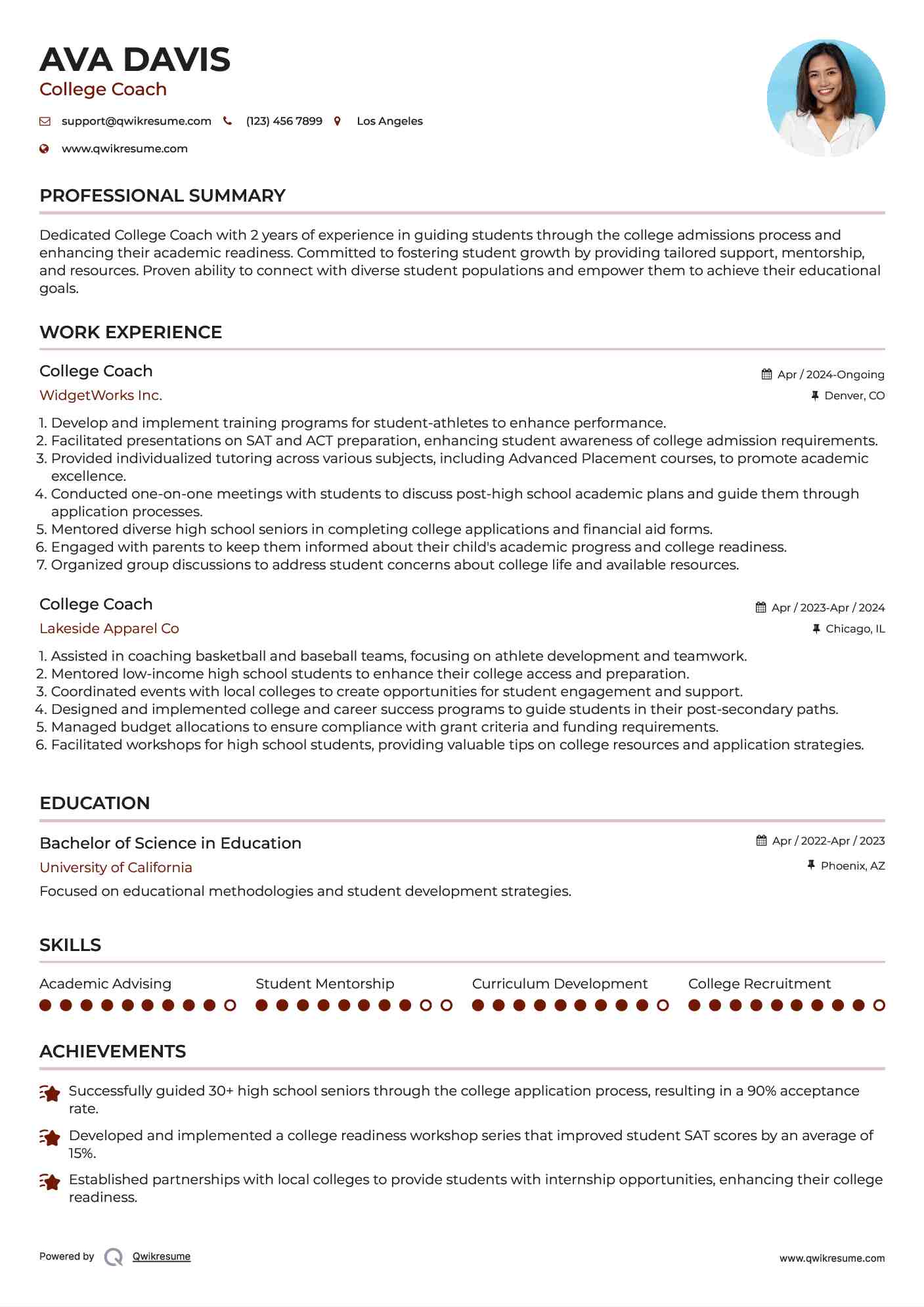 College Coach Resume Template