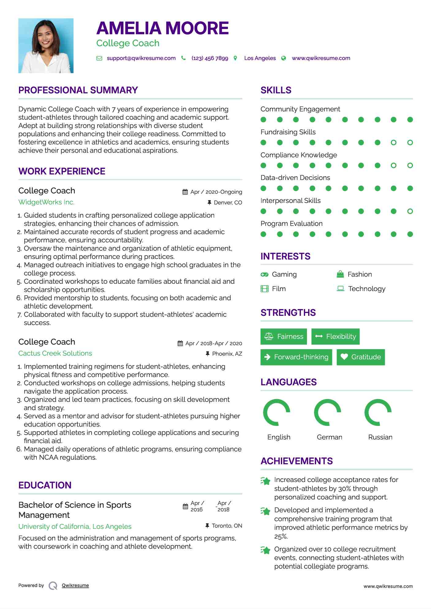College Coach Resume Template
