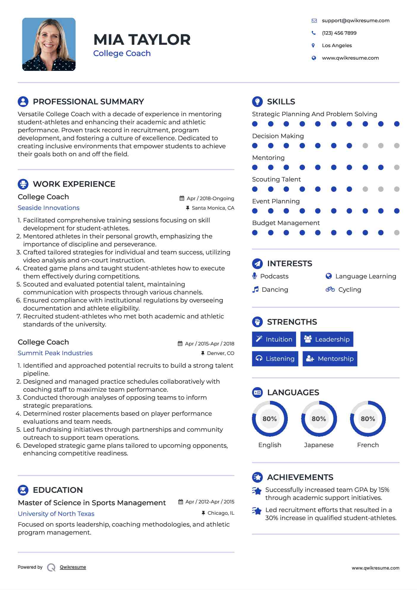 College Coach Resume Format