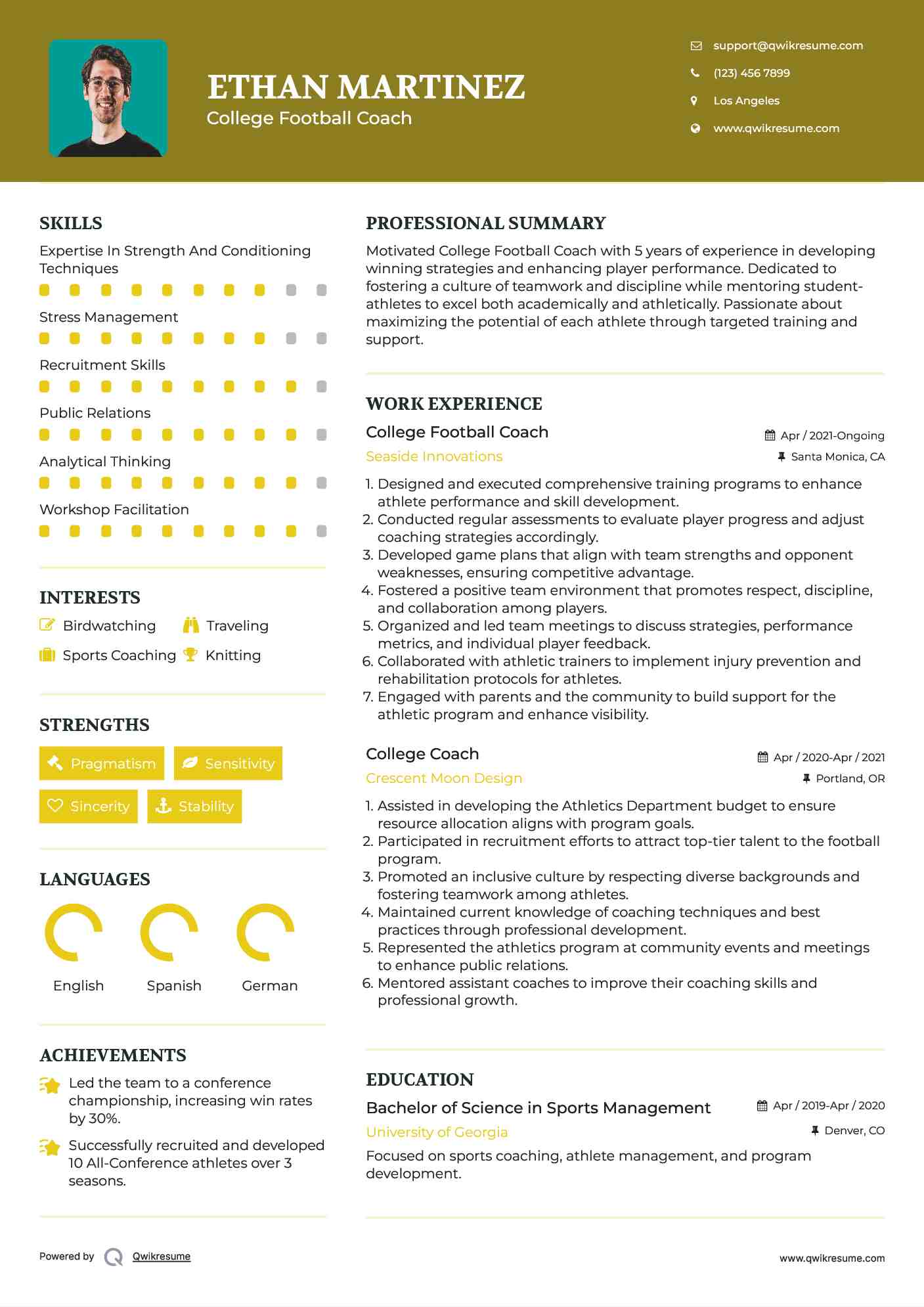 College Football Coach Resume Model