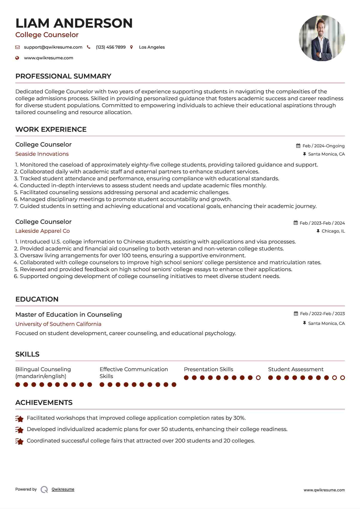 College Counselor Resume Sample