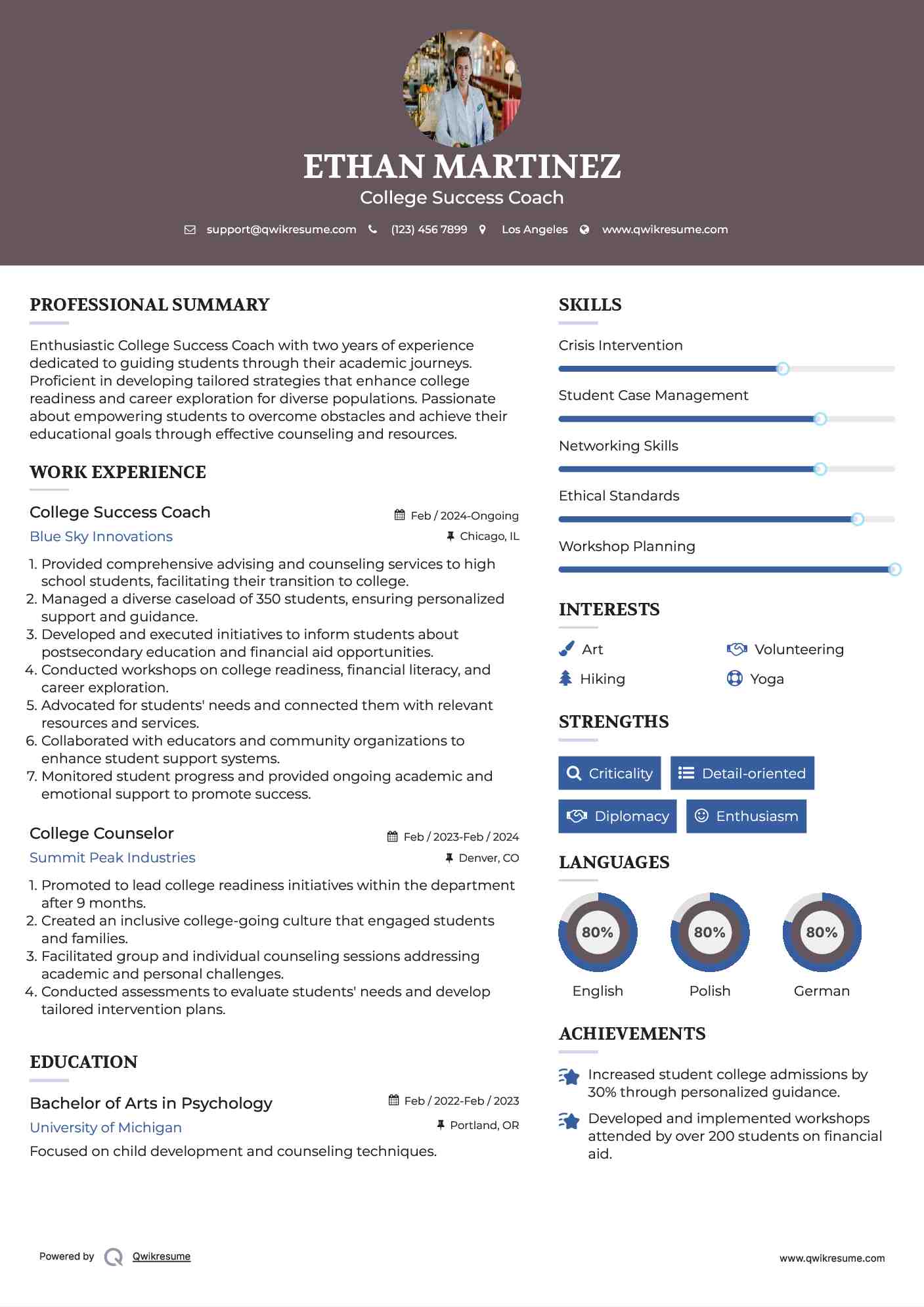 College Success Coach Resume Sample