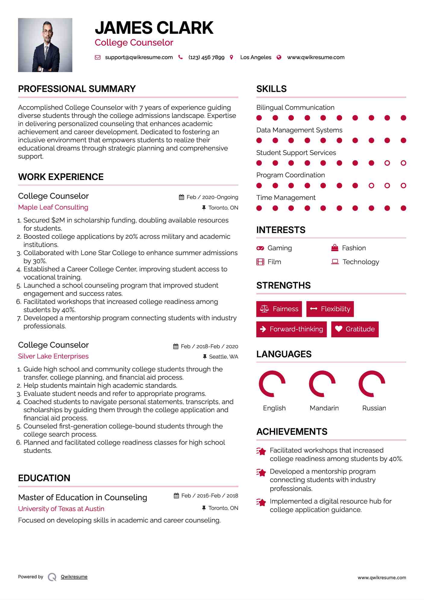 College Counselor Resume Format