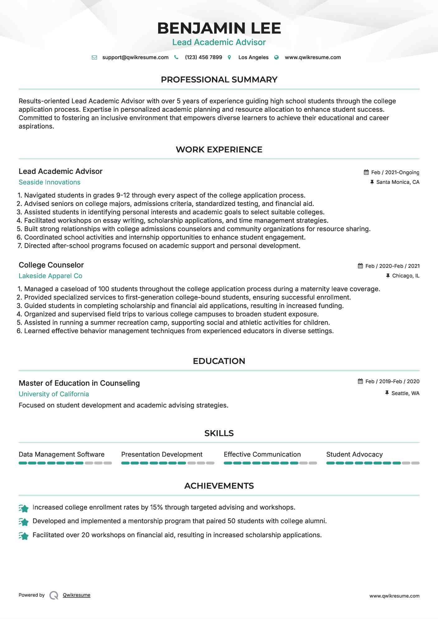 Lead Academic Advisor Resume Format