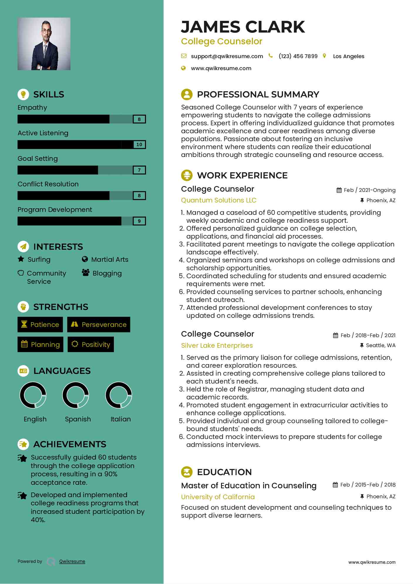 College Counselor Resume Format