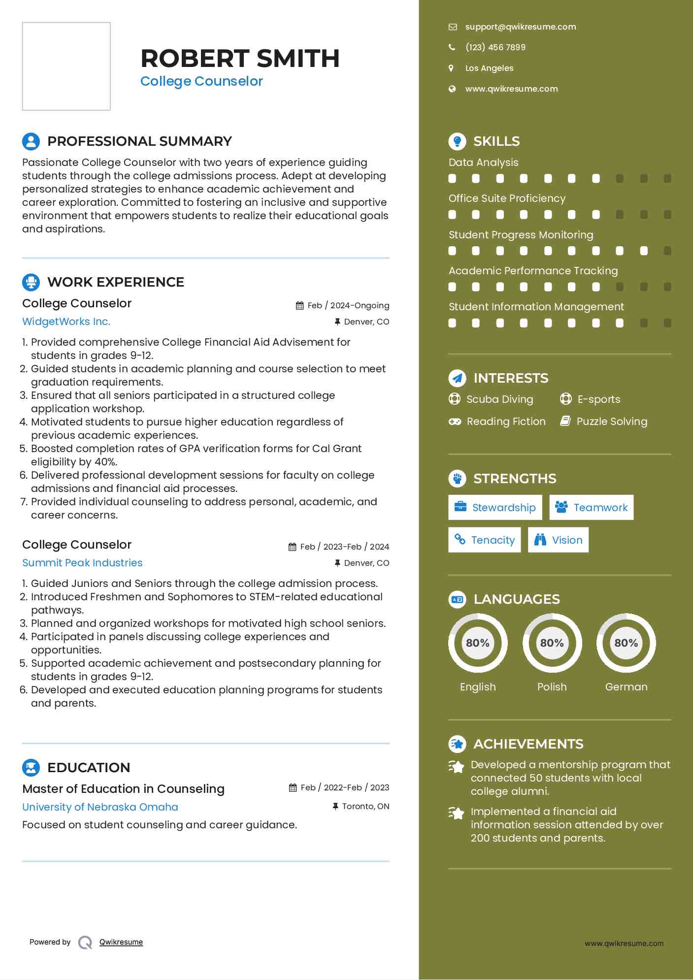 College Counselor Resume Model