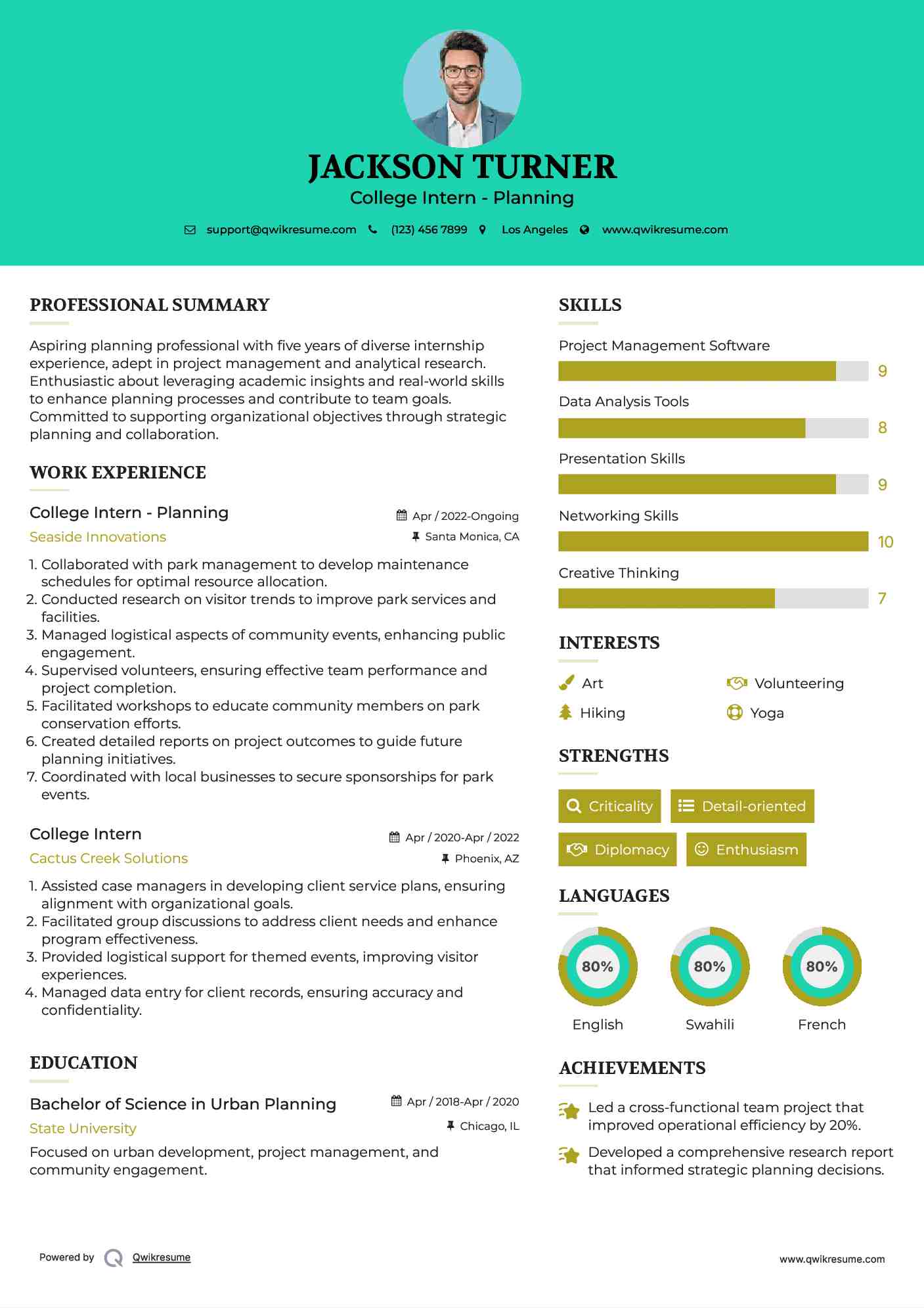 College Intern - Planning
 Resume Template