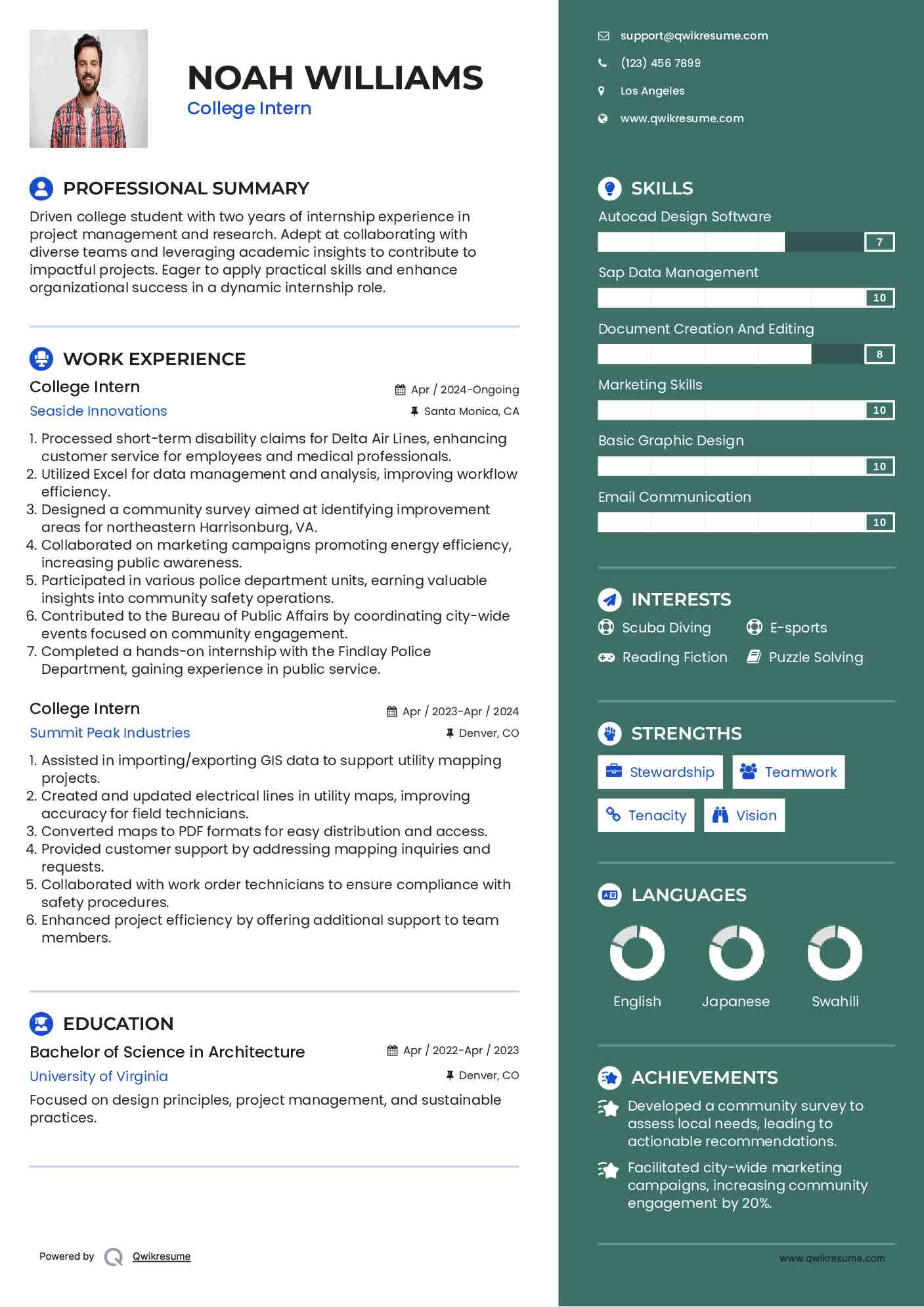 College Intern Resume Model