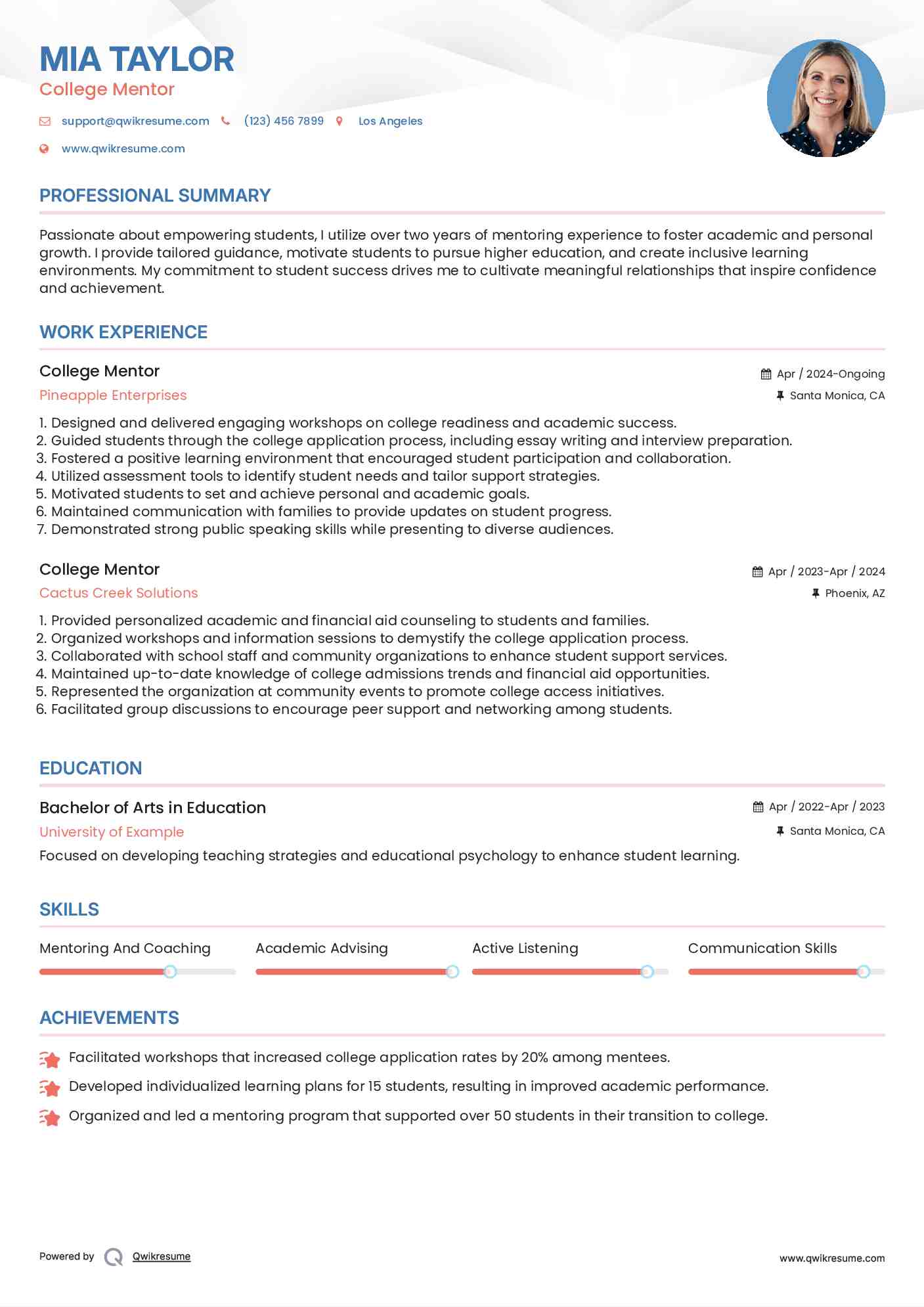 College Mentor Resume Template