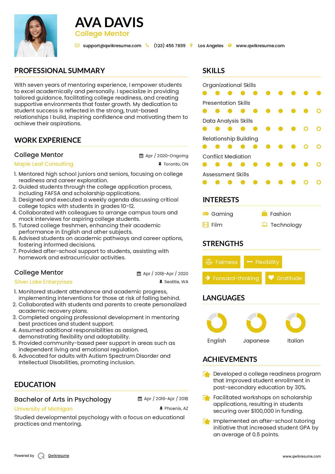 College Mentor Resume Format