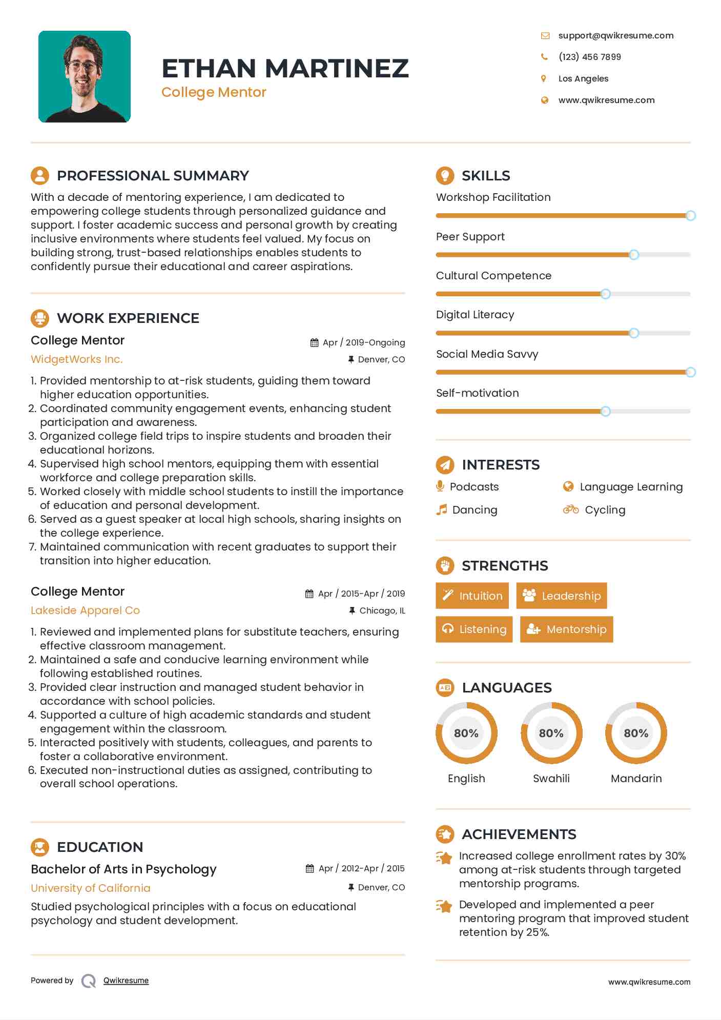 College Mentor Resume Format