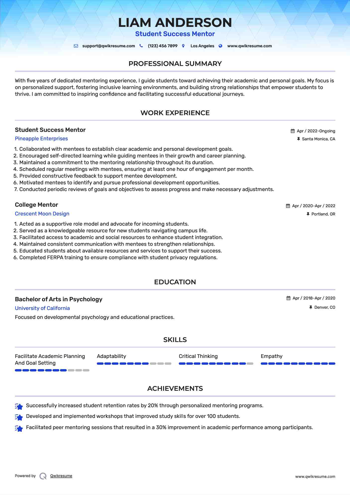 Student Success Mentor Resume Format