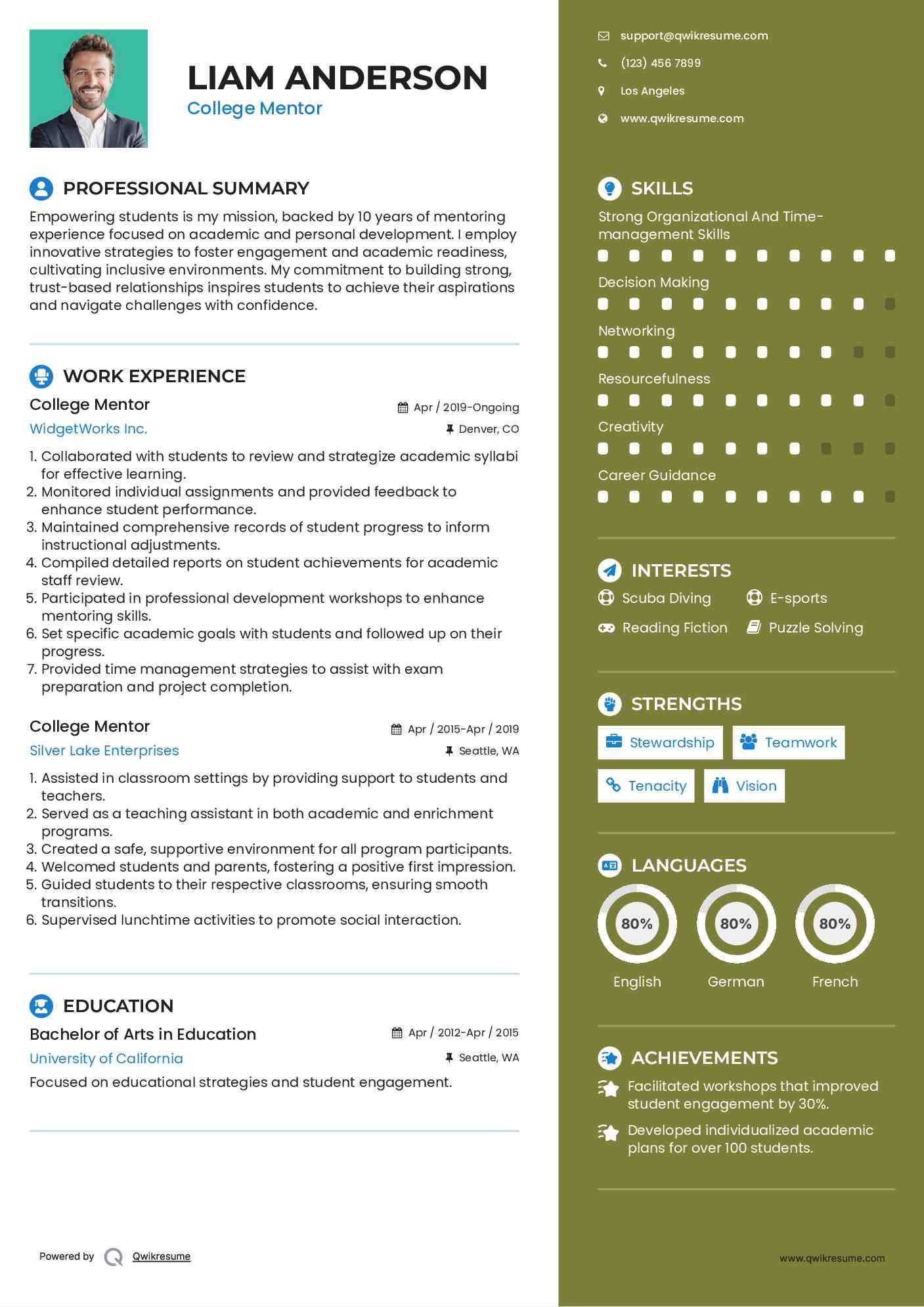 College Mentor Resume Format