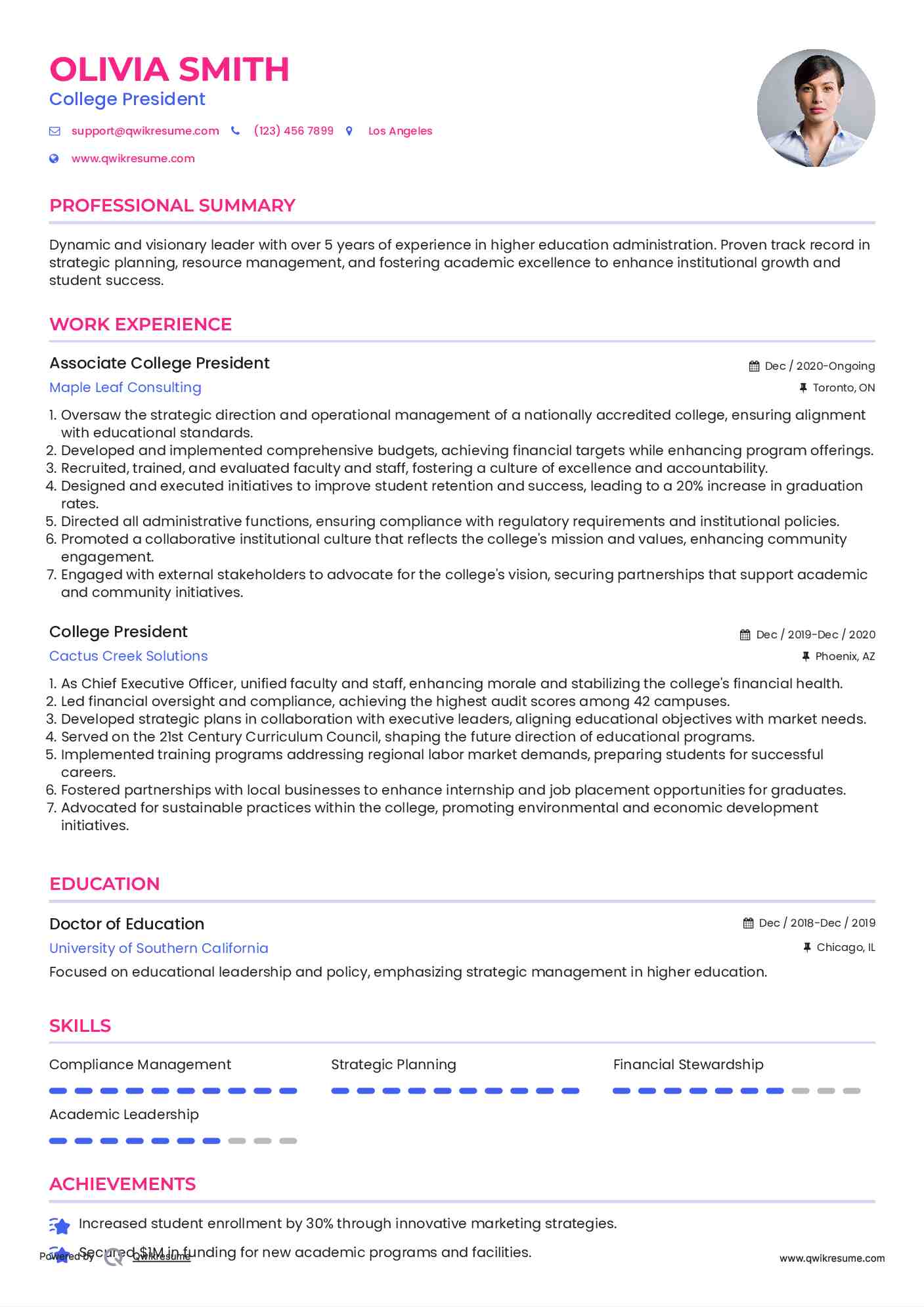 Associate College President Resume Format