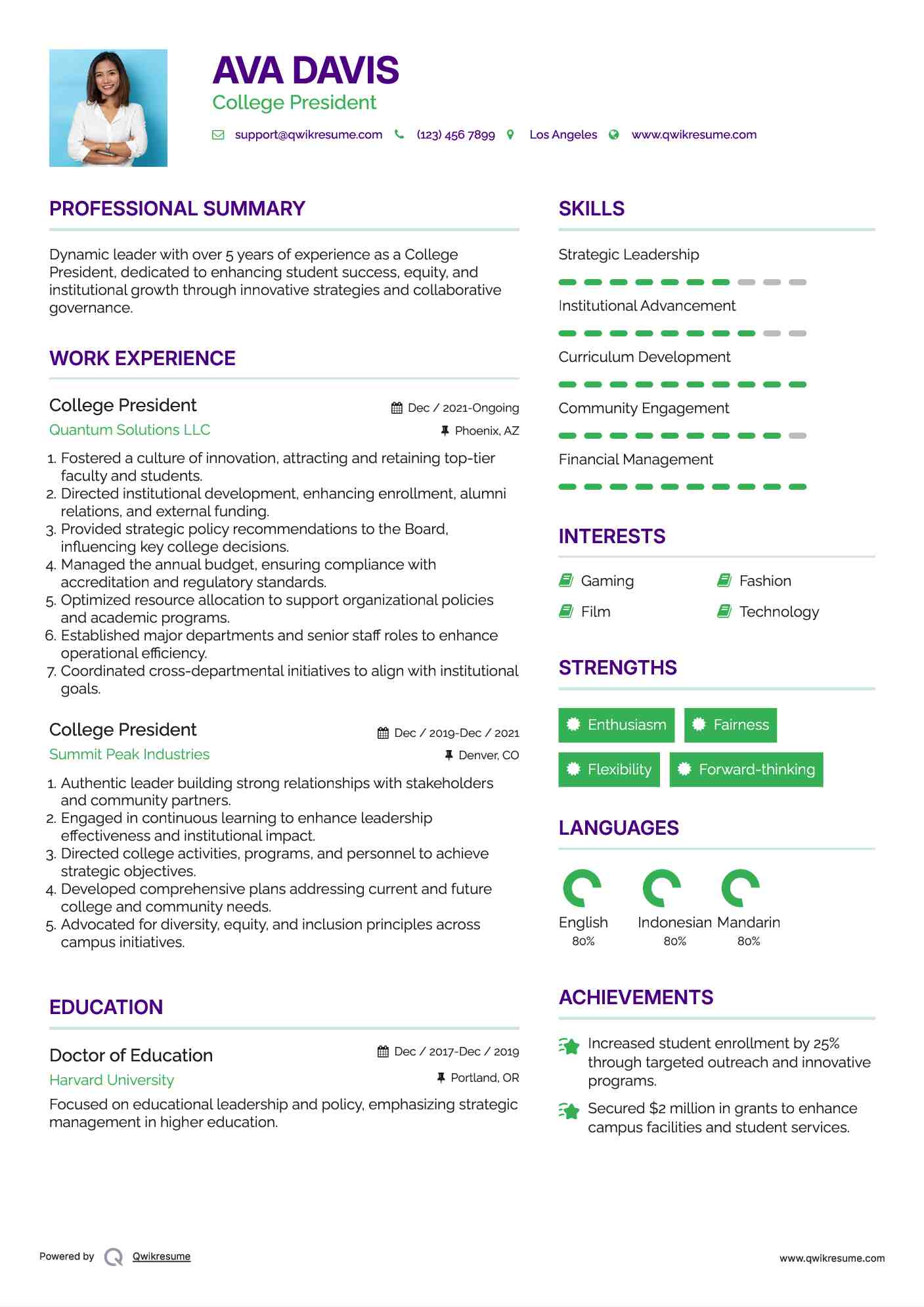 College President Resume Model