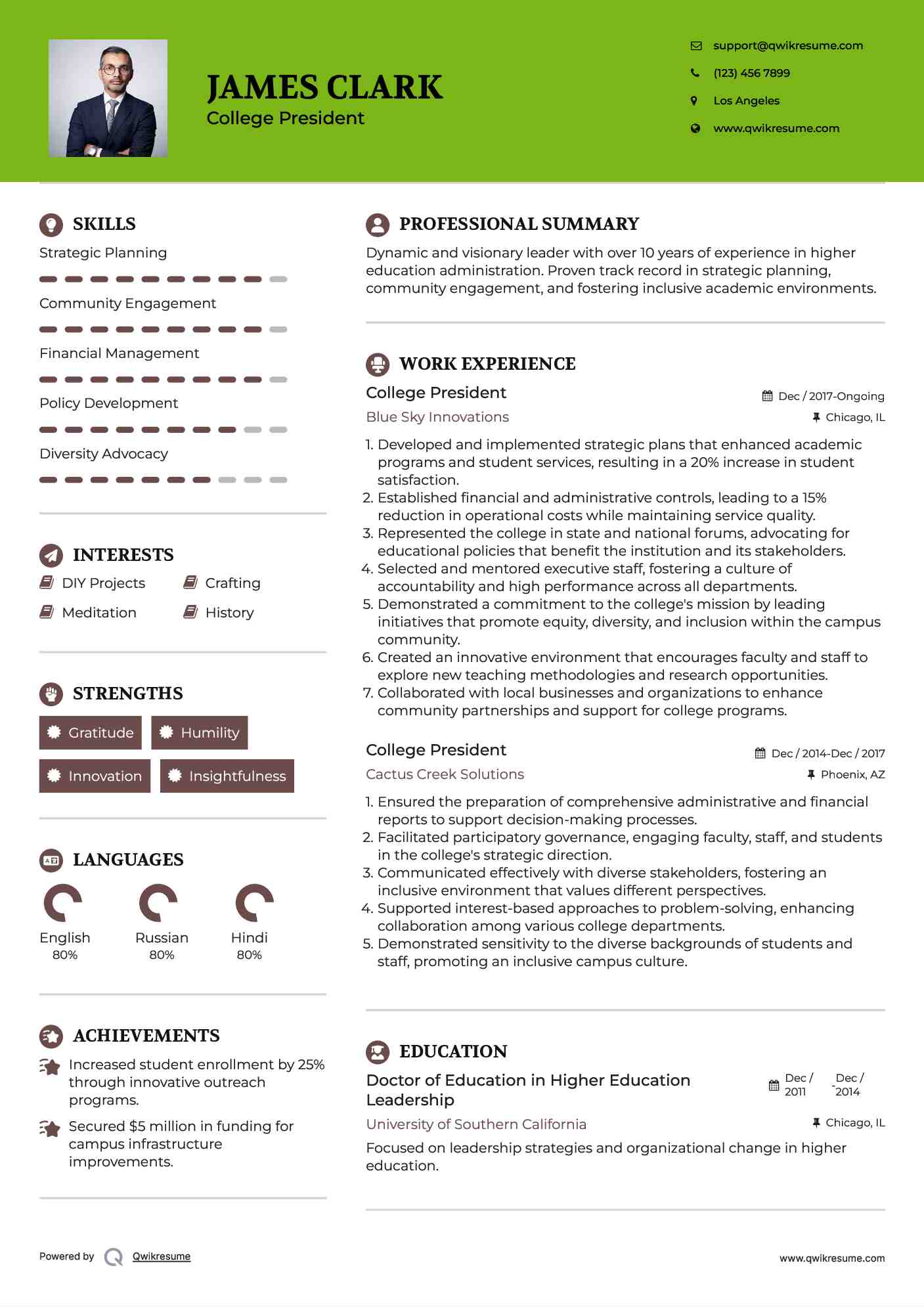 College President Resume Model