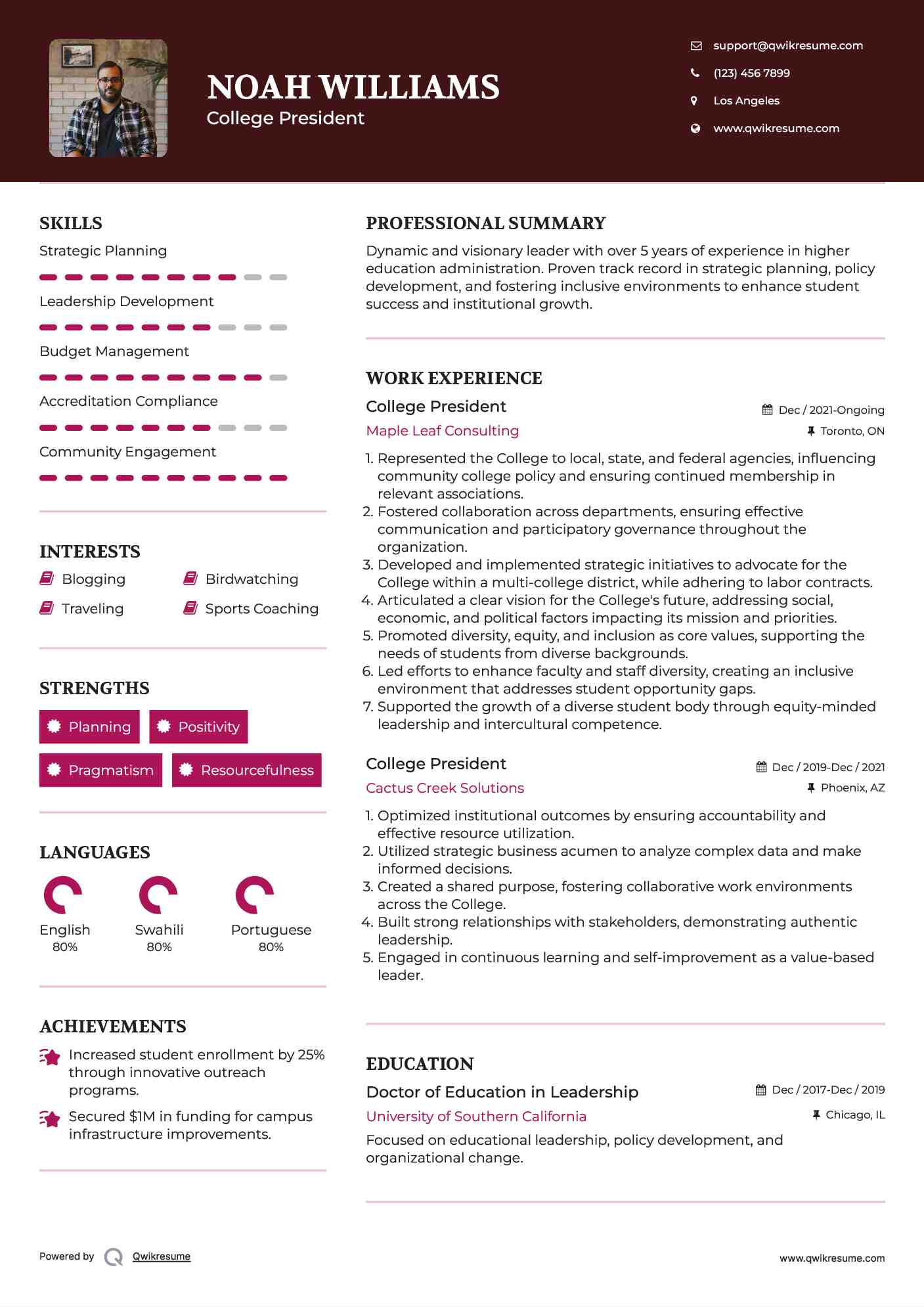 College President Resume Example