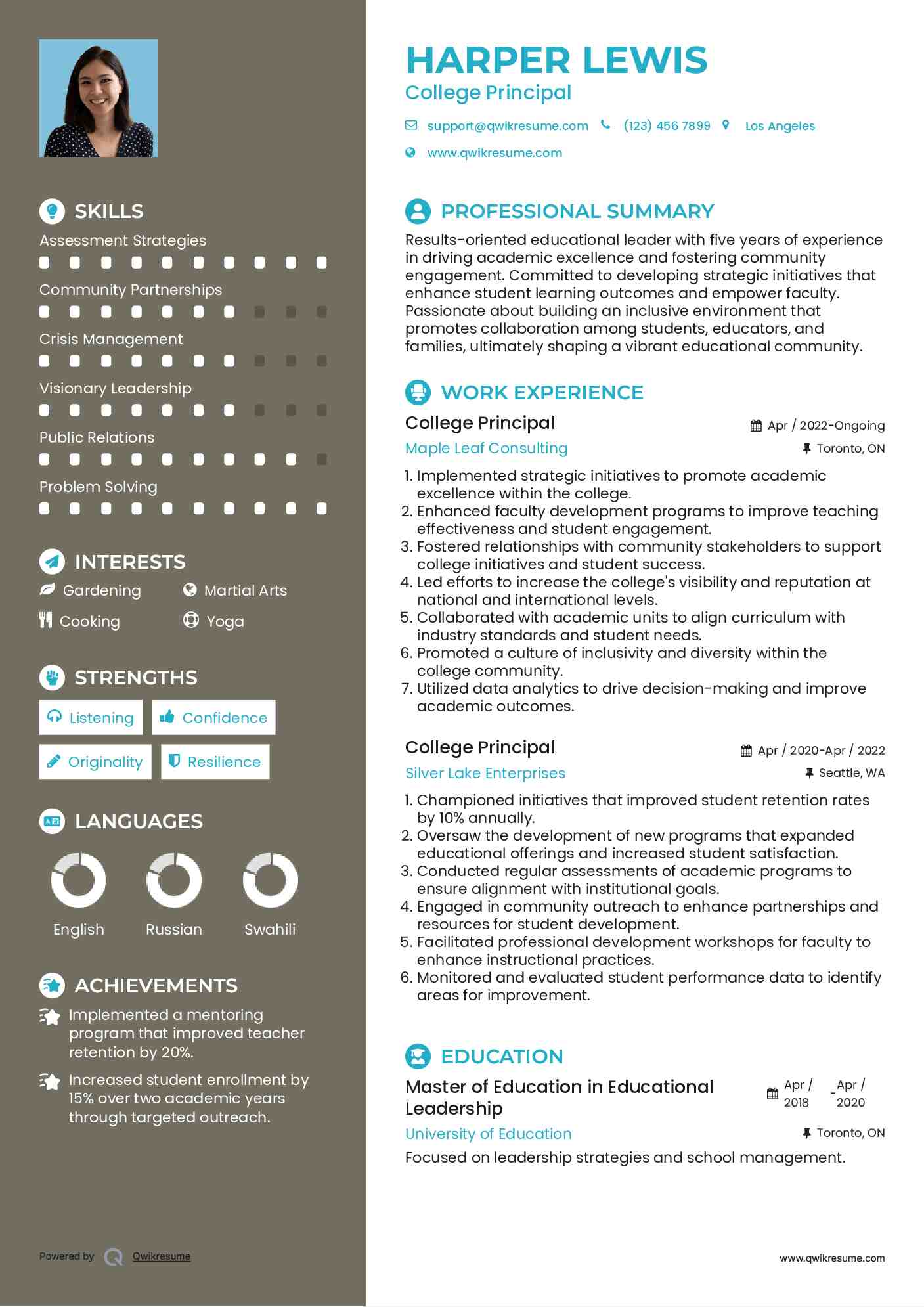 College Principal Resume Template