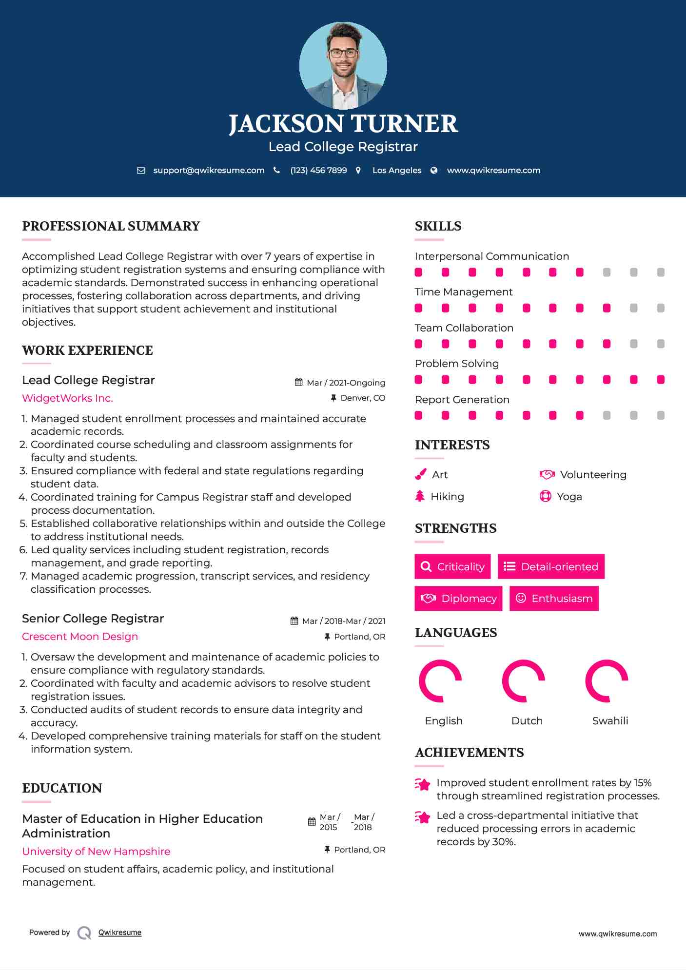 Lead College Registrar Resume Example