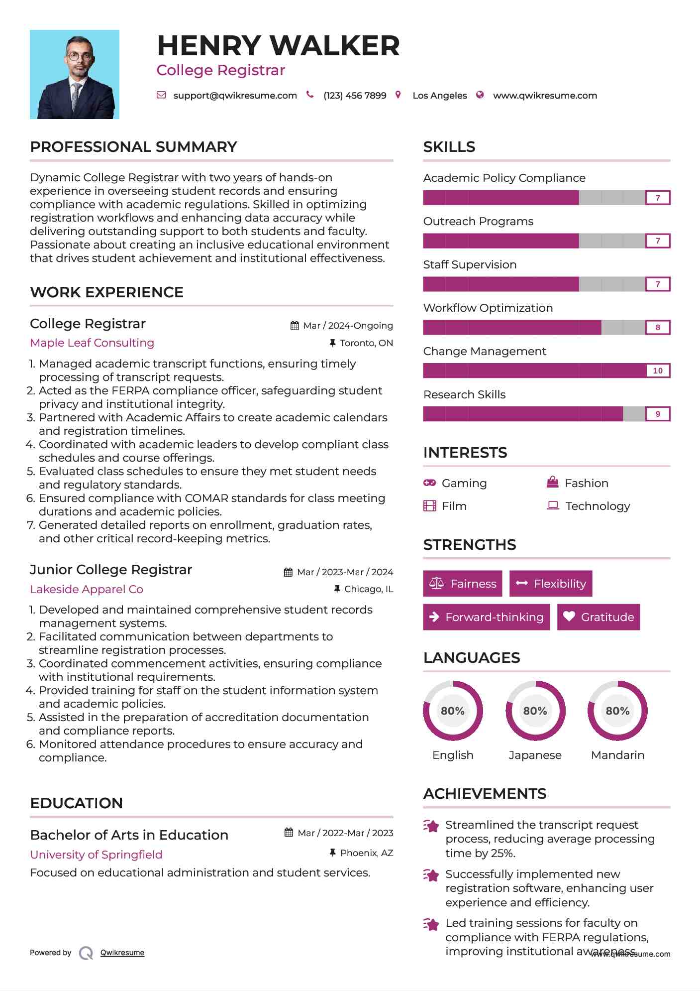 College Registrar Resume Example