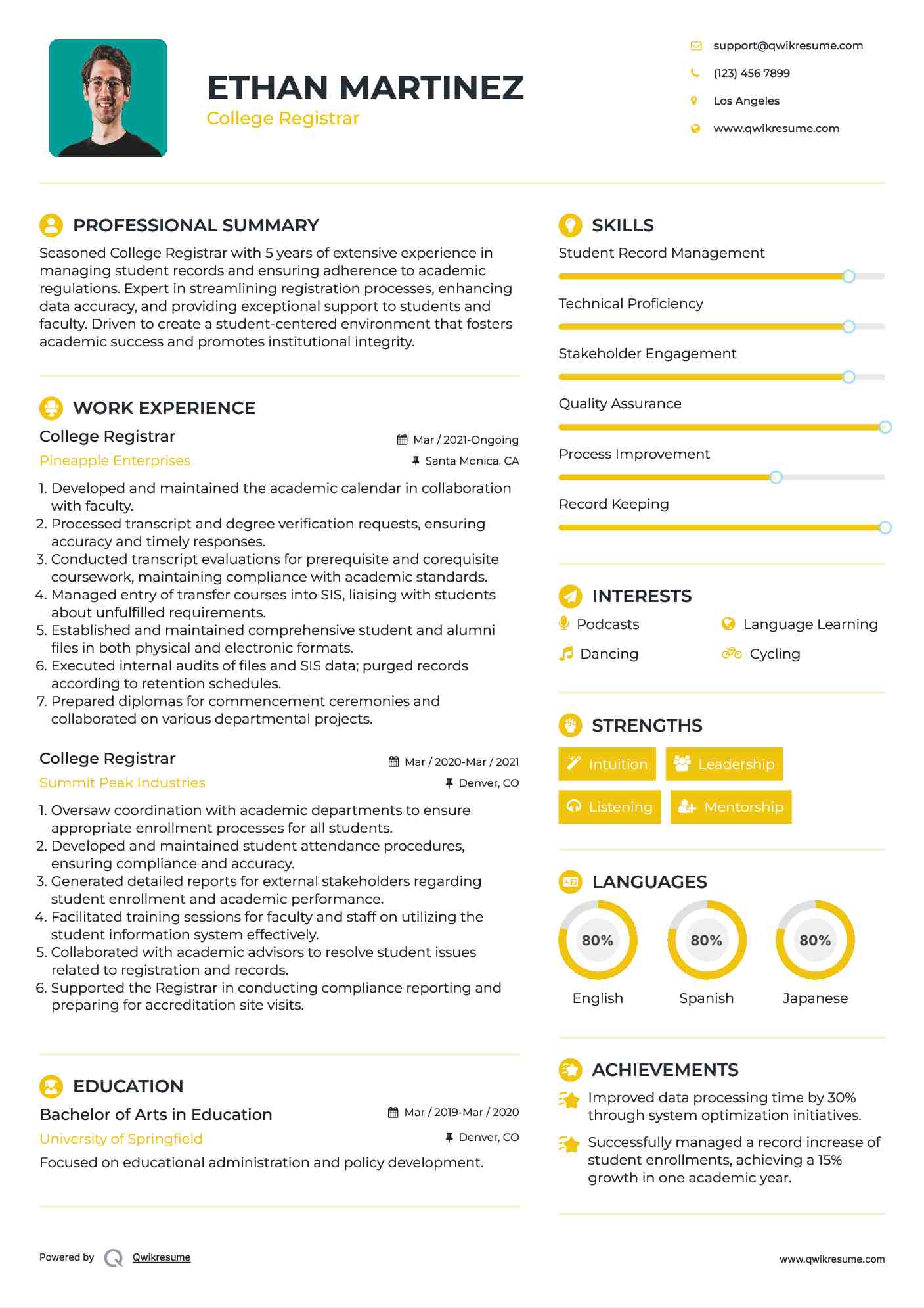 College Registrar Resume Sample