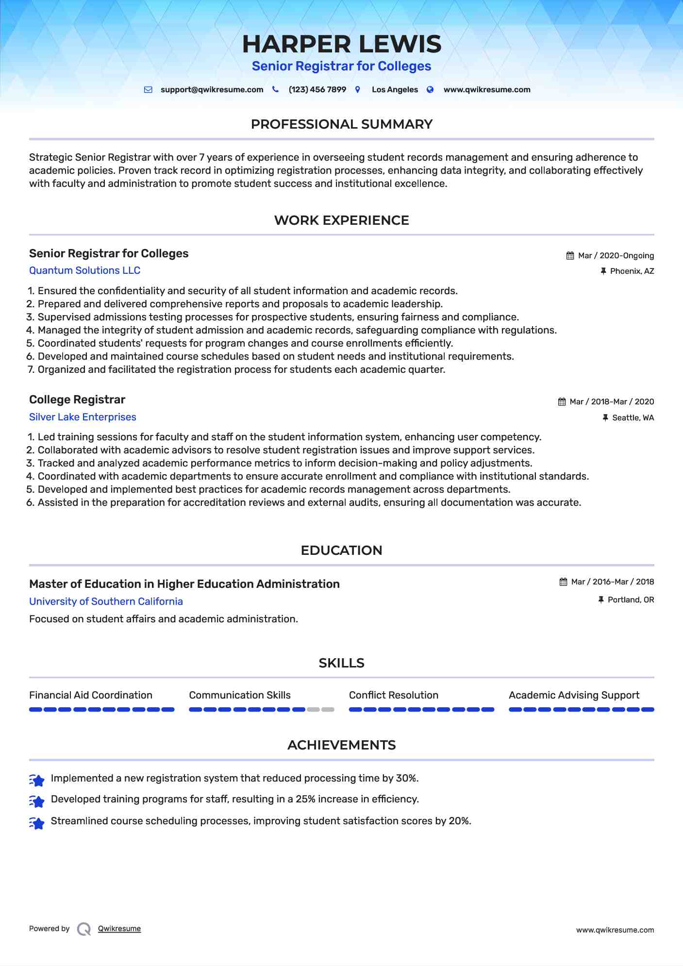 Senior Registrar for Colleges Resume Model
