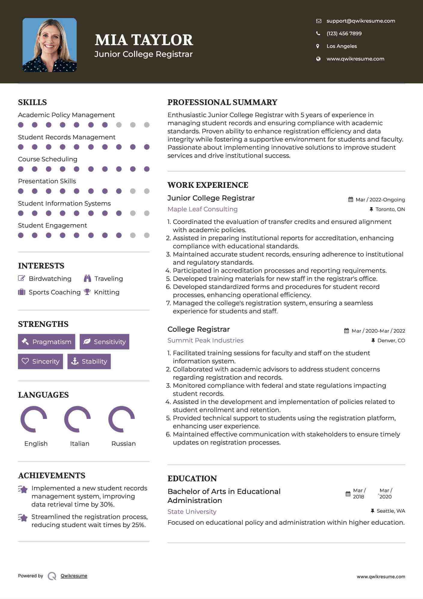 Junior College Registrar Resume Sample