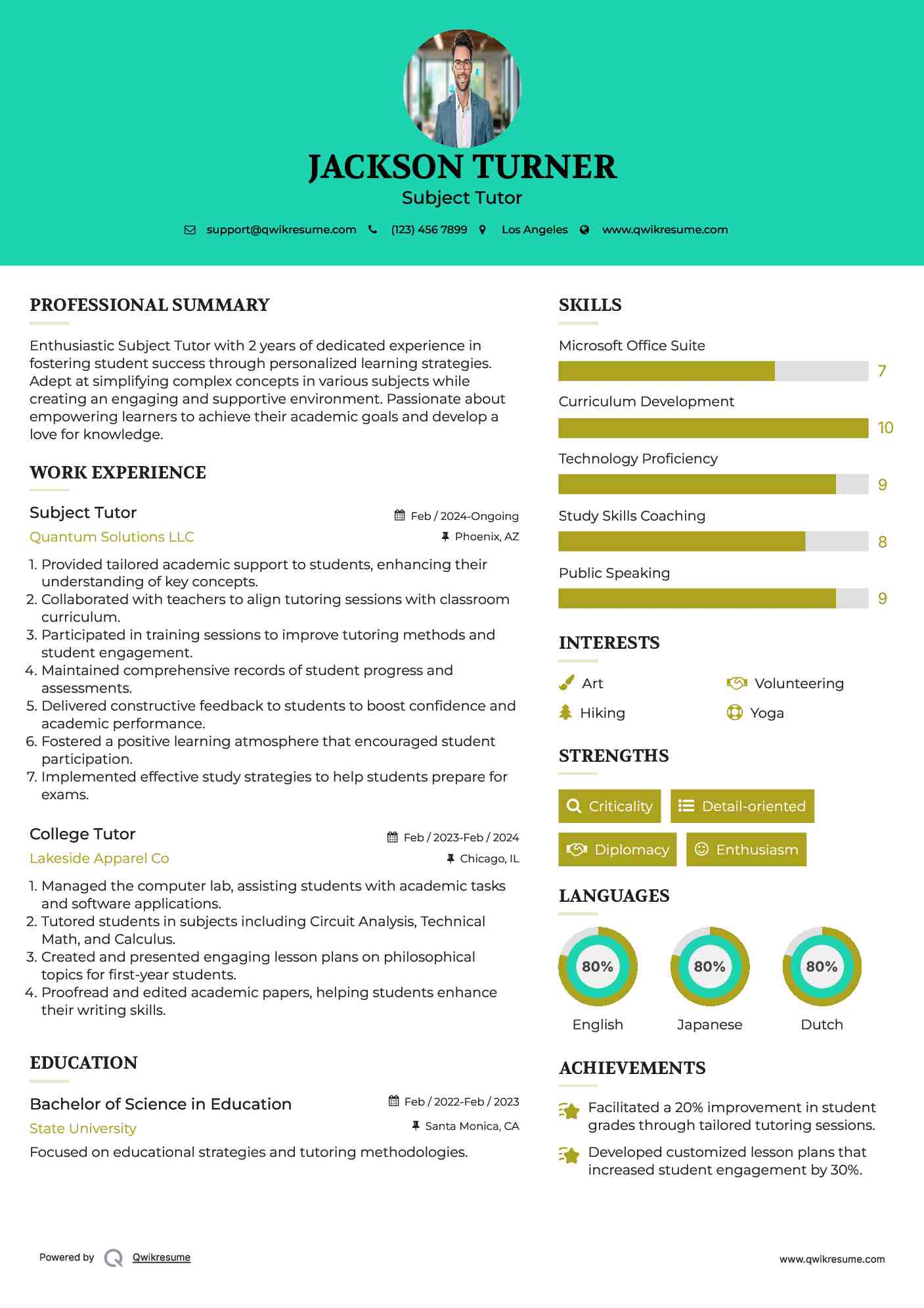 Subject Tutor Resume Sample