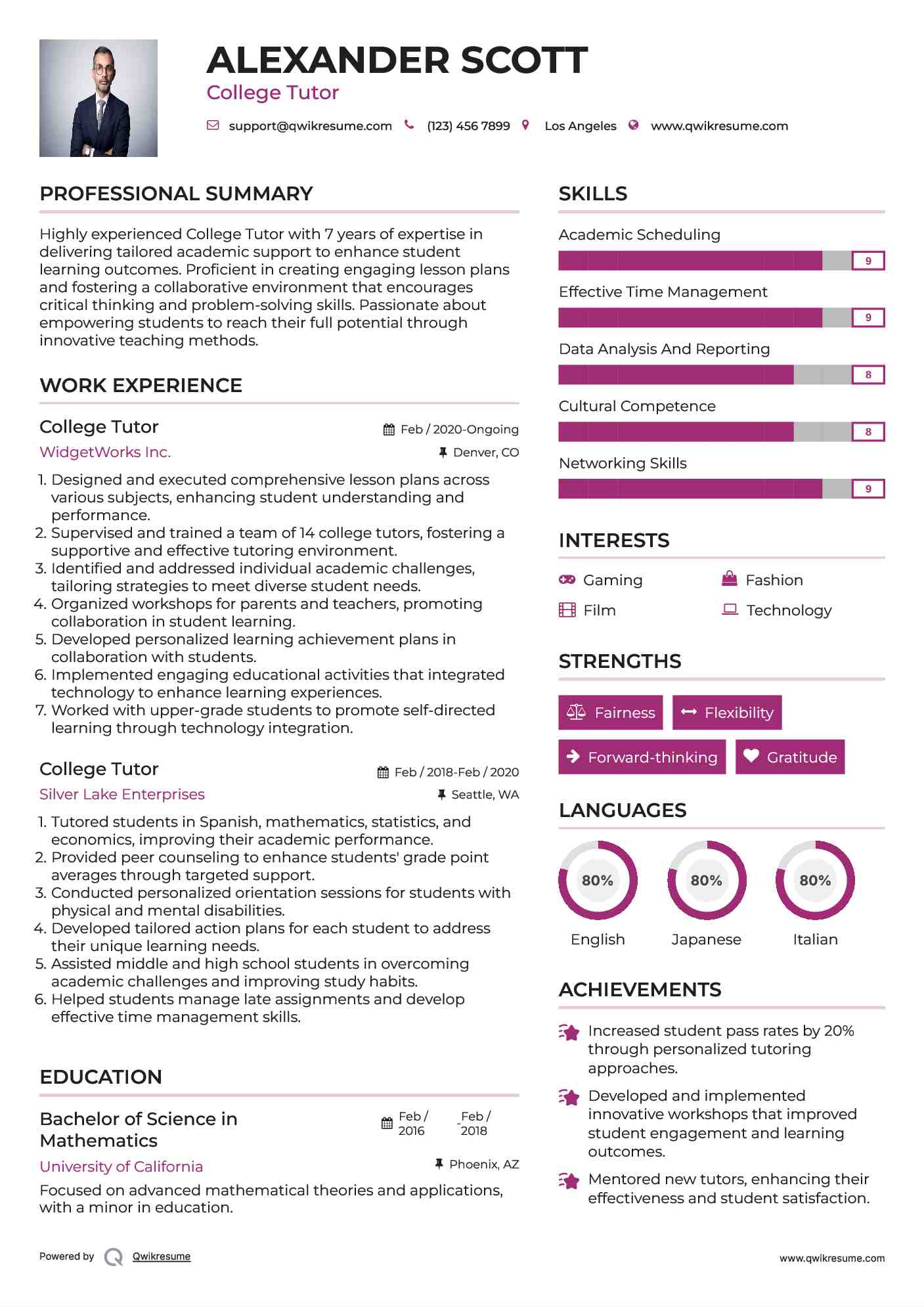 College Tutor Resume Sample